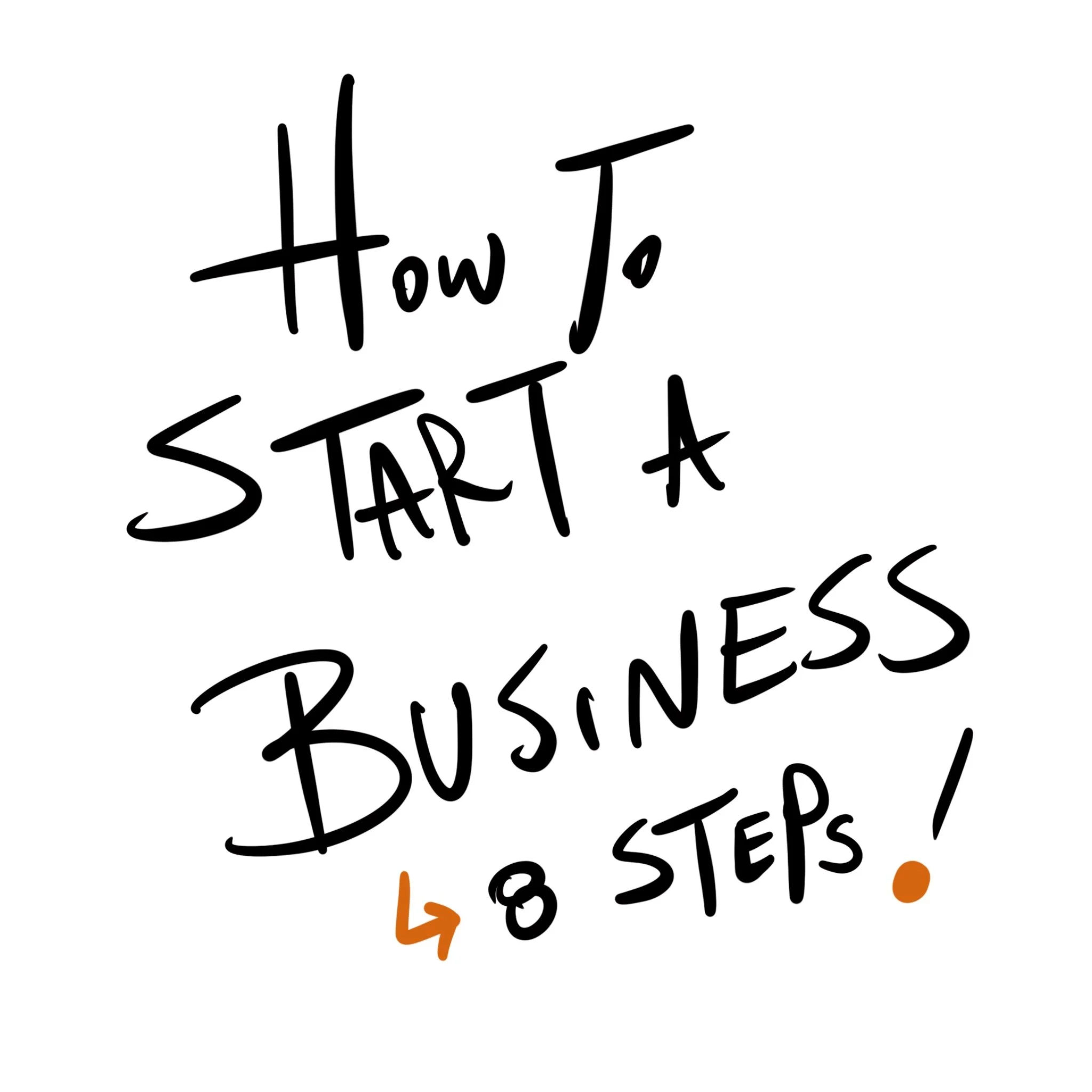 Hand-lettered illustration showing "How To Start A Business in 8 Steps" with orange accent, perfect guide for new entrepreneurs and startup founders