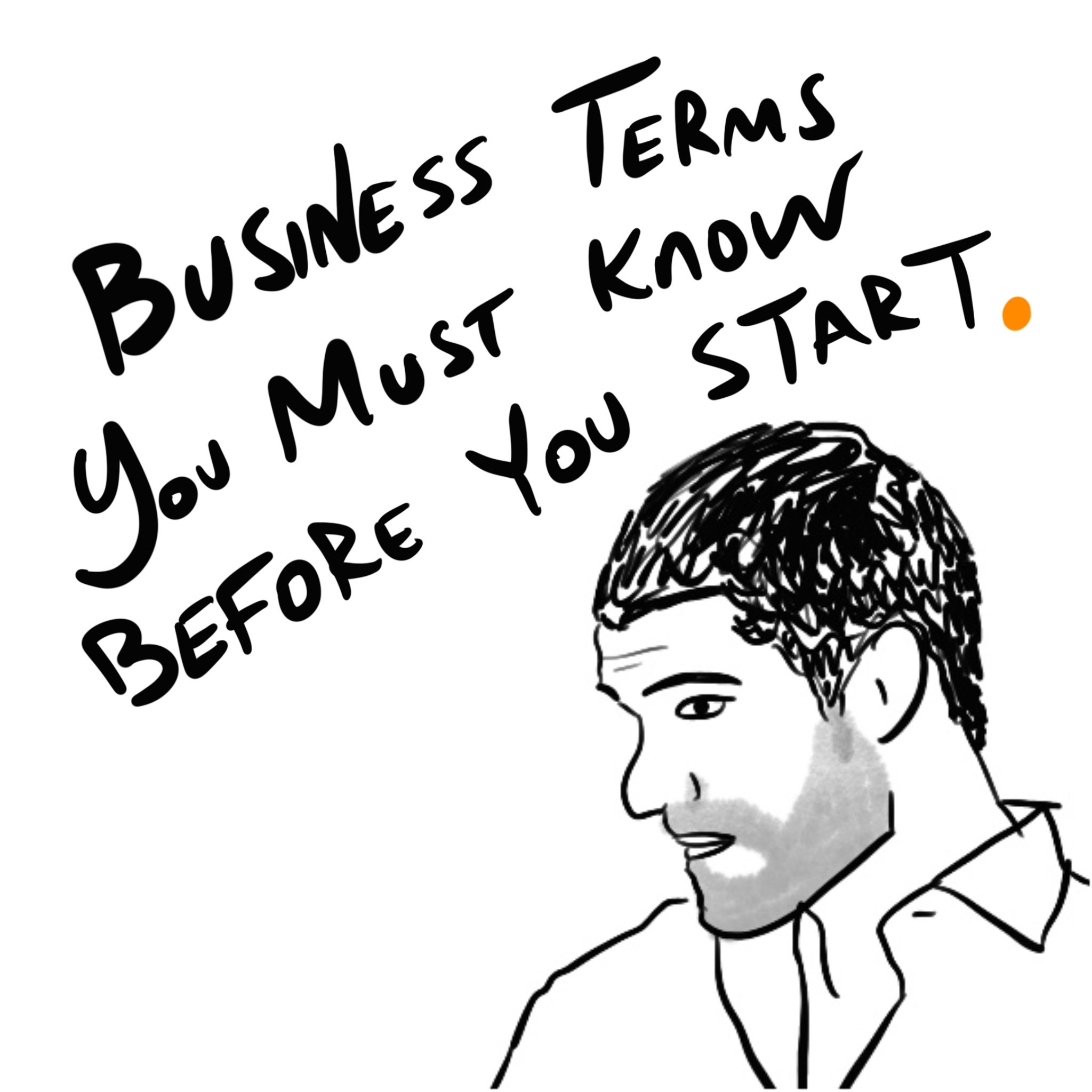 A business, cartoon-style illustration of a man with a dark blue beard and hair, wearing a dark blue suit, vest, and tie. He is standing and looking forward. Business terms you must know before you start your business