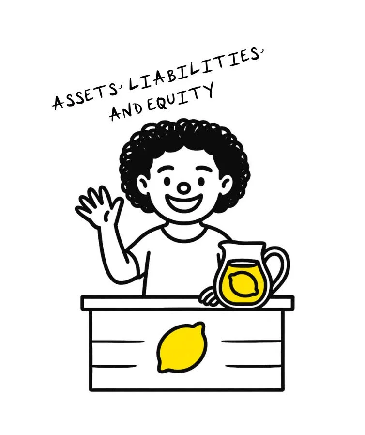 Black-and-white digital illustration of a smiling child with curly hair waving at a lemonade stand, featuring bold outlines and a bright yellow pitcher with a lemon design.