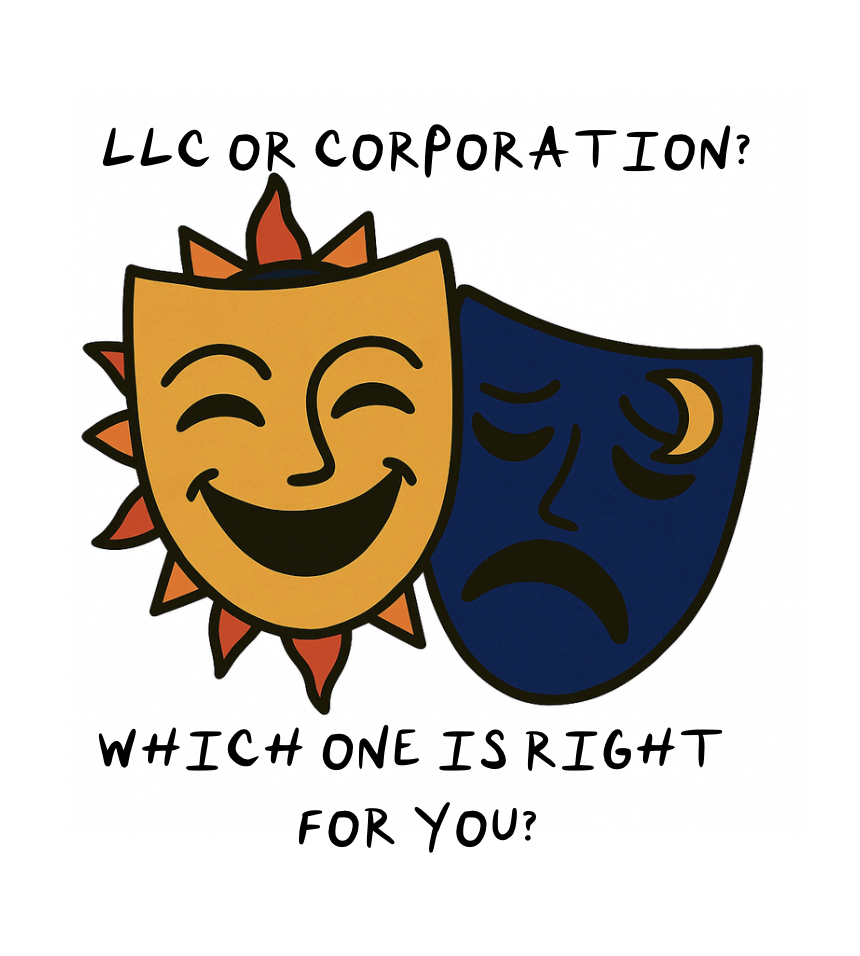 Colorful illustration of comedy and tragedy theater masks styled as the sun and moon, symbolizing creativity, balance, and inspiration—featured in the SoyBrandon.com newsletter for entrepreneurs and creators.