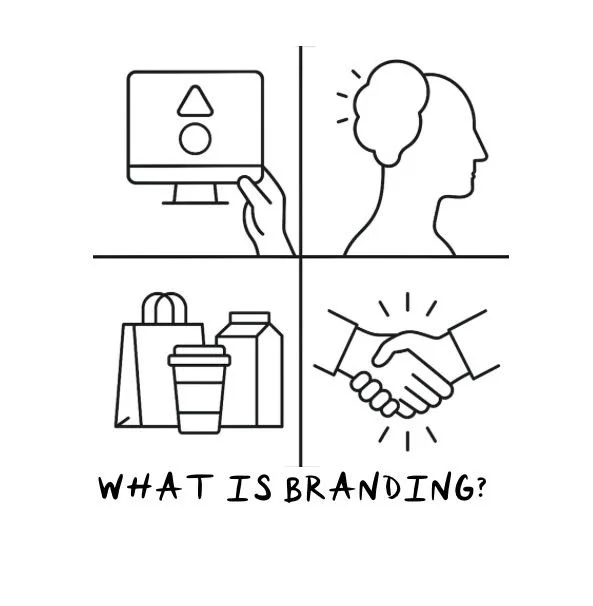 Minimalist black-and-white storyboard illustration showing the branding process: logo design on a screen, brand perception in a head profile, product packaging as a brand touchpoint, and a handshake symbolizing trust and loyalty.