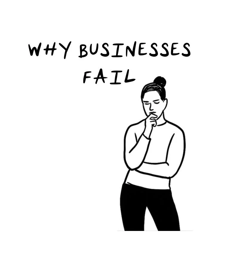 Minimalist black-and-white illustration of a thoughtful woman representing business strategy, paired with the text "Why Businesses Fail" for an article on common causes of business failure and how to prevent them.