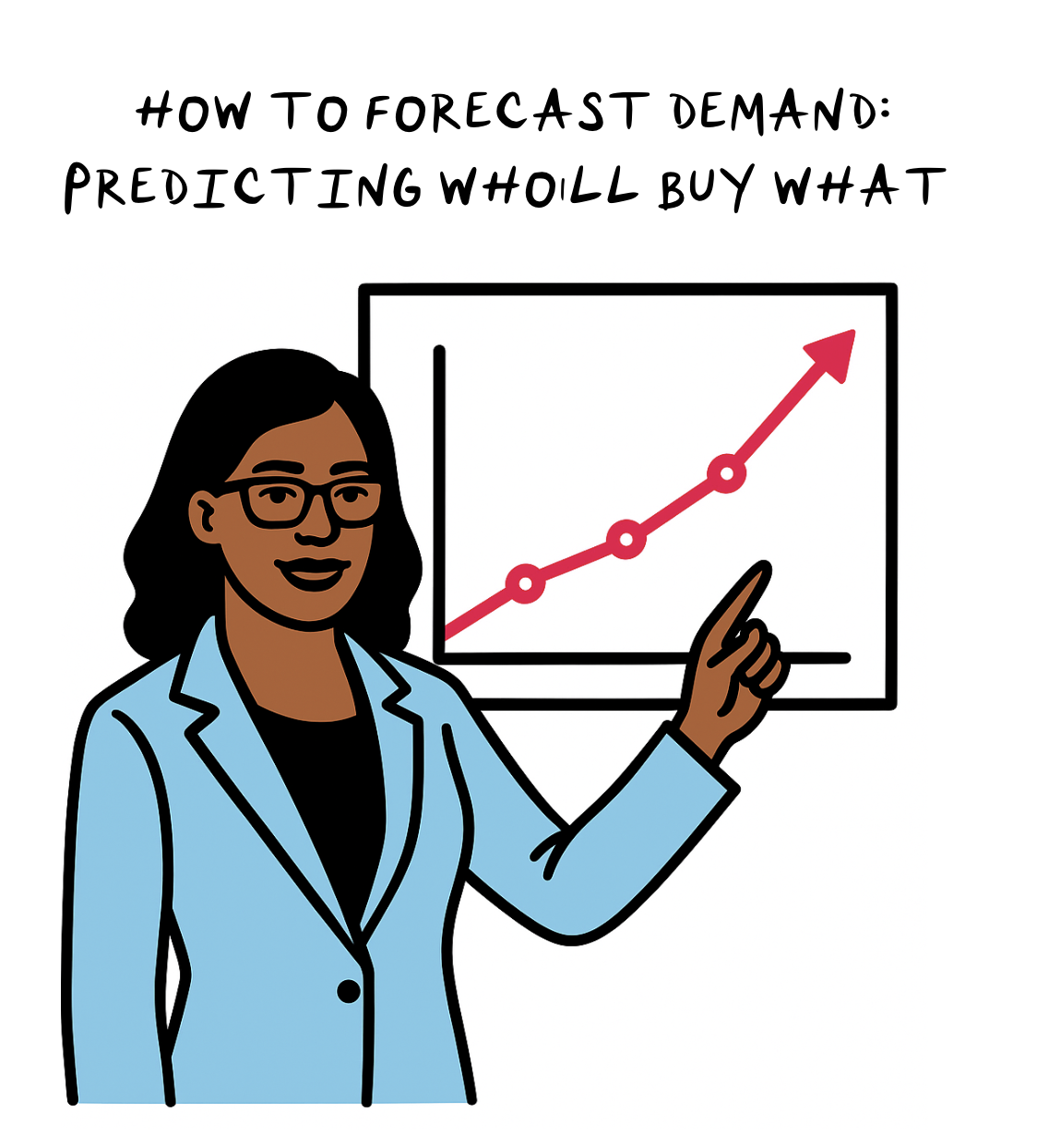 Illustration of a businesswoman in a baby blue blazer pointing at an upward-trending chart with the headline ‘HOW TO FORECAST DEMAND: PREDICTING WHO’LL BUY WHAT,’ representing demand forecasting strategies.
