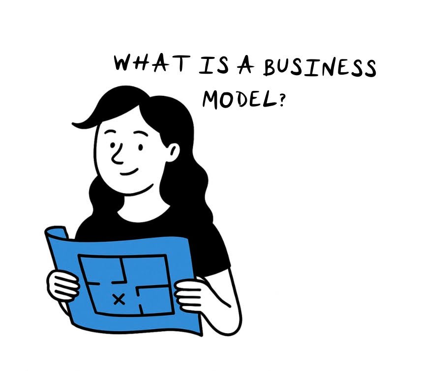 Minimalist illustration of girl holding blueprint, smiling and happy to learn what are business models, for young and aspiring entrepreneurs on brandOn newsletter