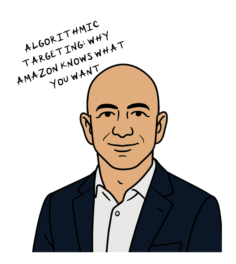Flat-style vector illustration of a bald business leader in a suit, with the text ‘ALGORITHMIC TARGETING: WHY AMAZON KNOWS WHAT YOU WANT’ handwritten above, join branDon media newsletter
