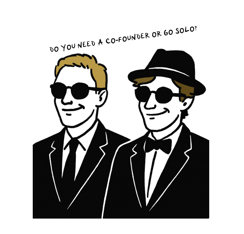 Illustration of two entrepreneurs in black suits and sunglasses, one wearing a detective-style hat, both smirking, with the headline ‘DO YOU NEED A CO-FOUNDER OR GO SOLO?’ — BrandOn Media.