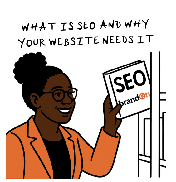 Flat-style digital illustration of an African American woman in an orange blazer pulling out a book labeled SEO with the brandOn logo, representing the importance of SEO for websites.