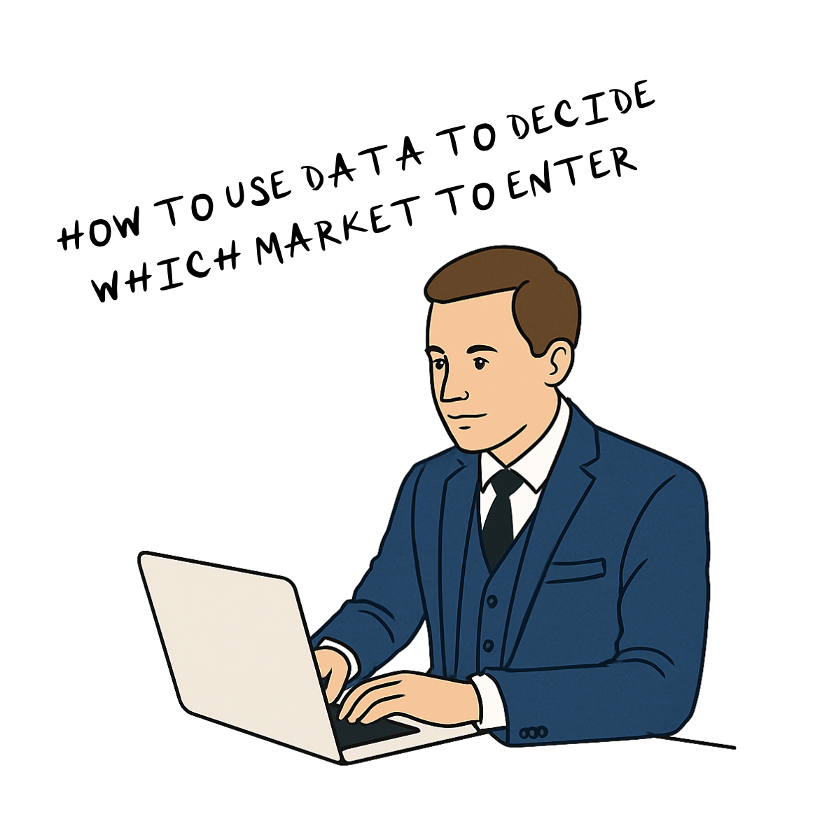 Illustration of a businessman in a blue three-piece suit working on a laptop with the text 'HOW TO USE DATA TO DECIDE WHICH MARKET TO ENTER' displayed above.