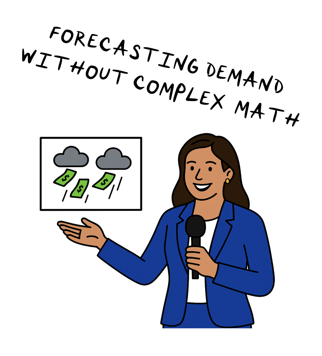 Illustration of a Latina professional forecaster in a blue blazer presenting a chart with clouds raining dollar bills, symbolizing business demand forecasting without complex math.
