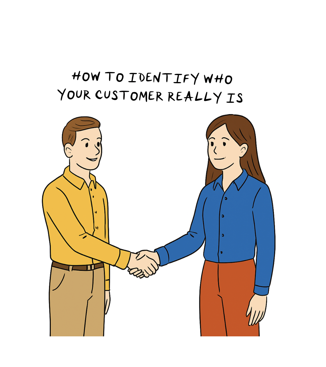 llustration of a man and woman in business casual attire shaking hands with the title HOW TO IDENTIFY WHO YOUR CUSTOMER REALLY IS. Subscribe to brandOn Newsletter