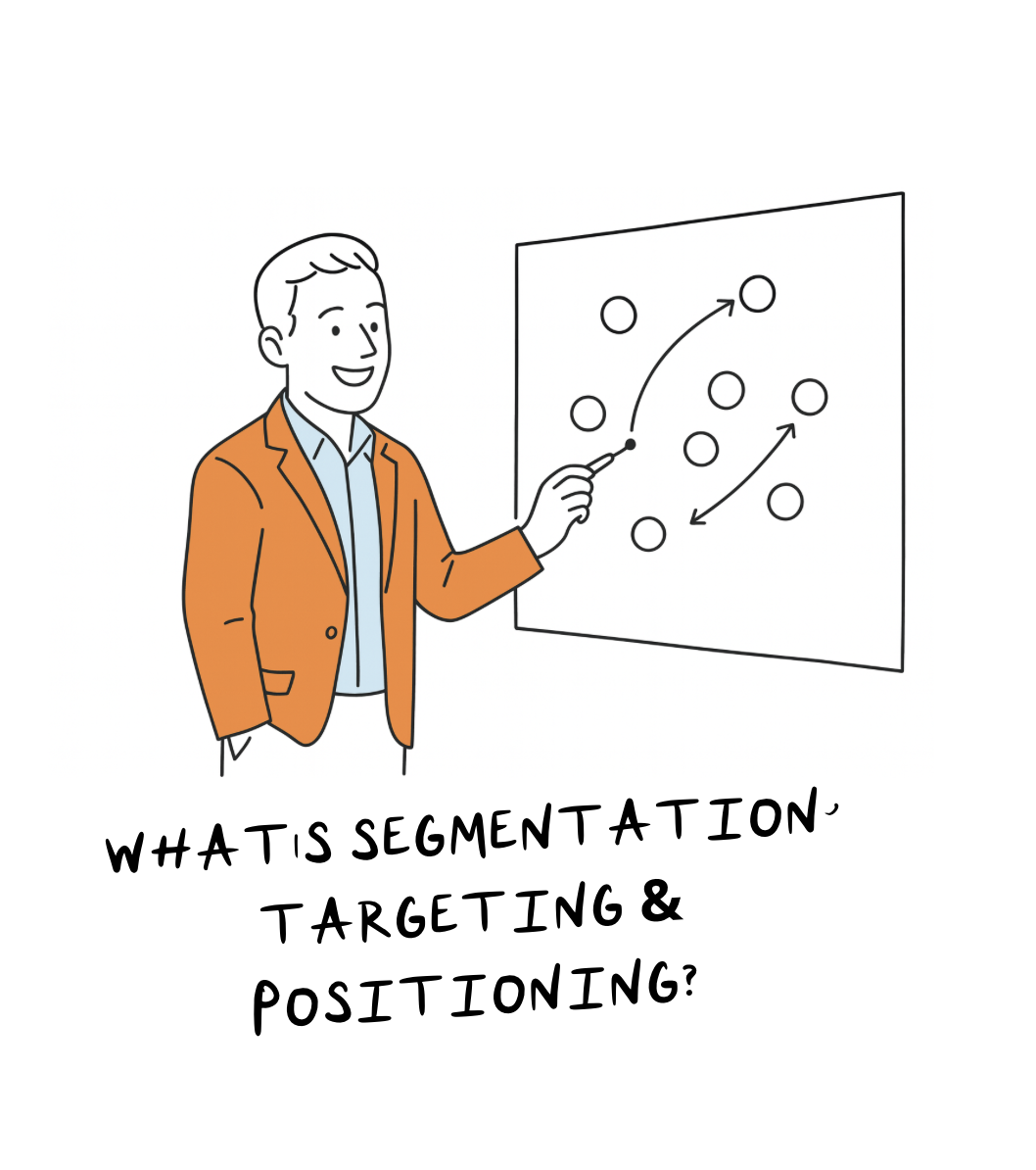 A minimalist illustration of a business professional in an orange blazer drawing a strategy play on a whiteboard with circles and arrows, symbolizing segmentation, targeting, and positioning in marketing, used for BrandOn Media newsletters.