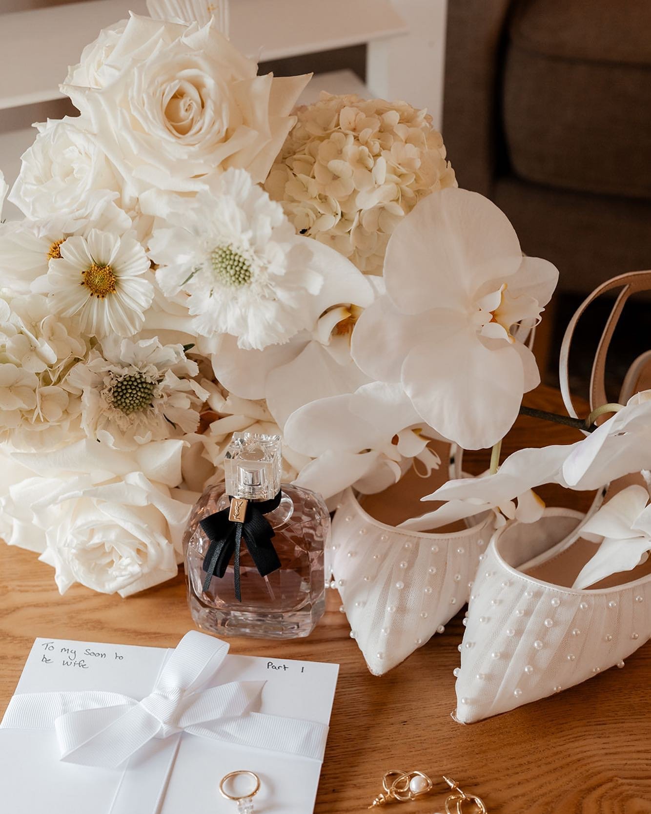 Close up details // the bridal bouquet 

&bull; Soft floaty scabiosa &amp; cosmos, roses, phal orchid and hydrangea &bull; 

Photo @lovewildweddings_ 
Venue @goldingwines_weddings 
Music @himandhermusic