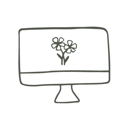Line drawing of a computer monitor displaying a bouquet of flowers.