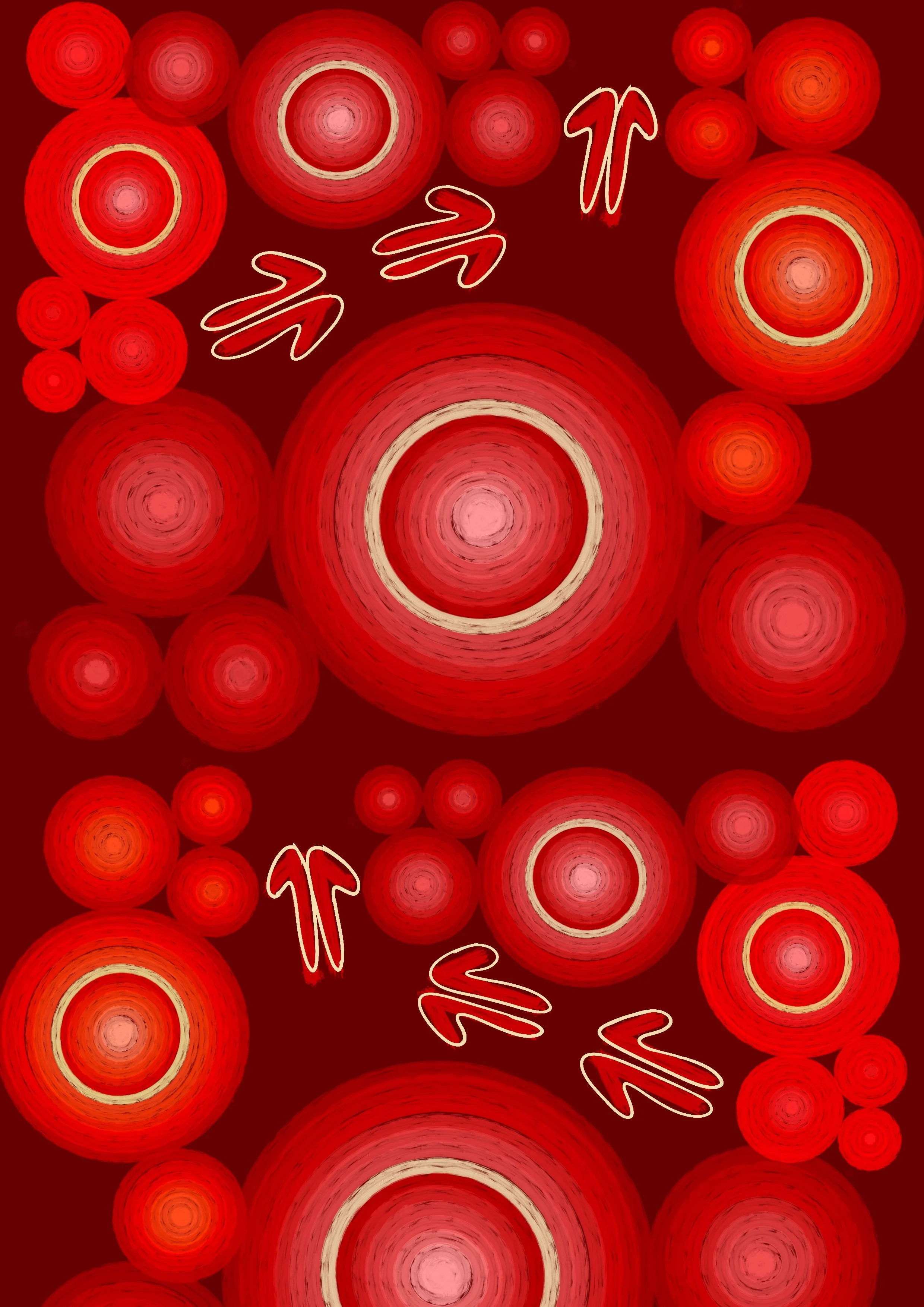 Abstract pattern with red concentric circles and white arrows on a dark red background.