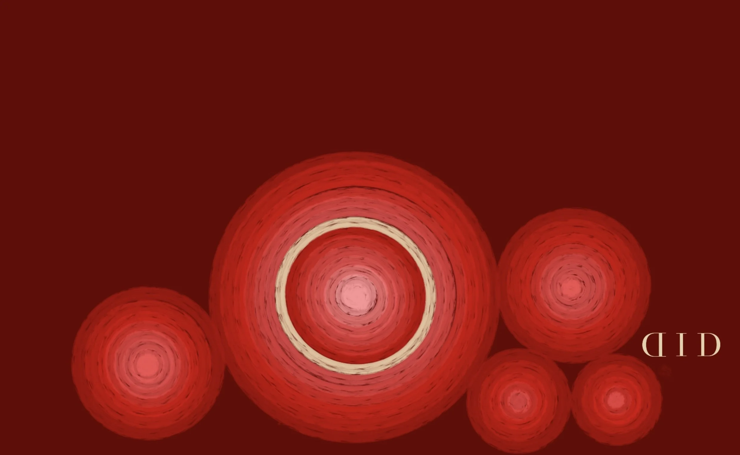 Five red and white circular abstract designs against a dark red background, with the text "DID" in the lower right corner.