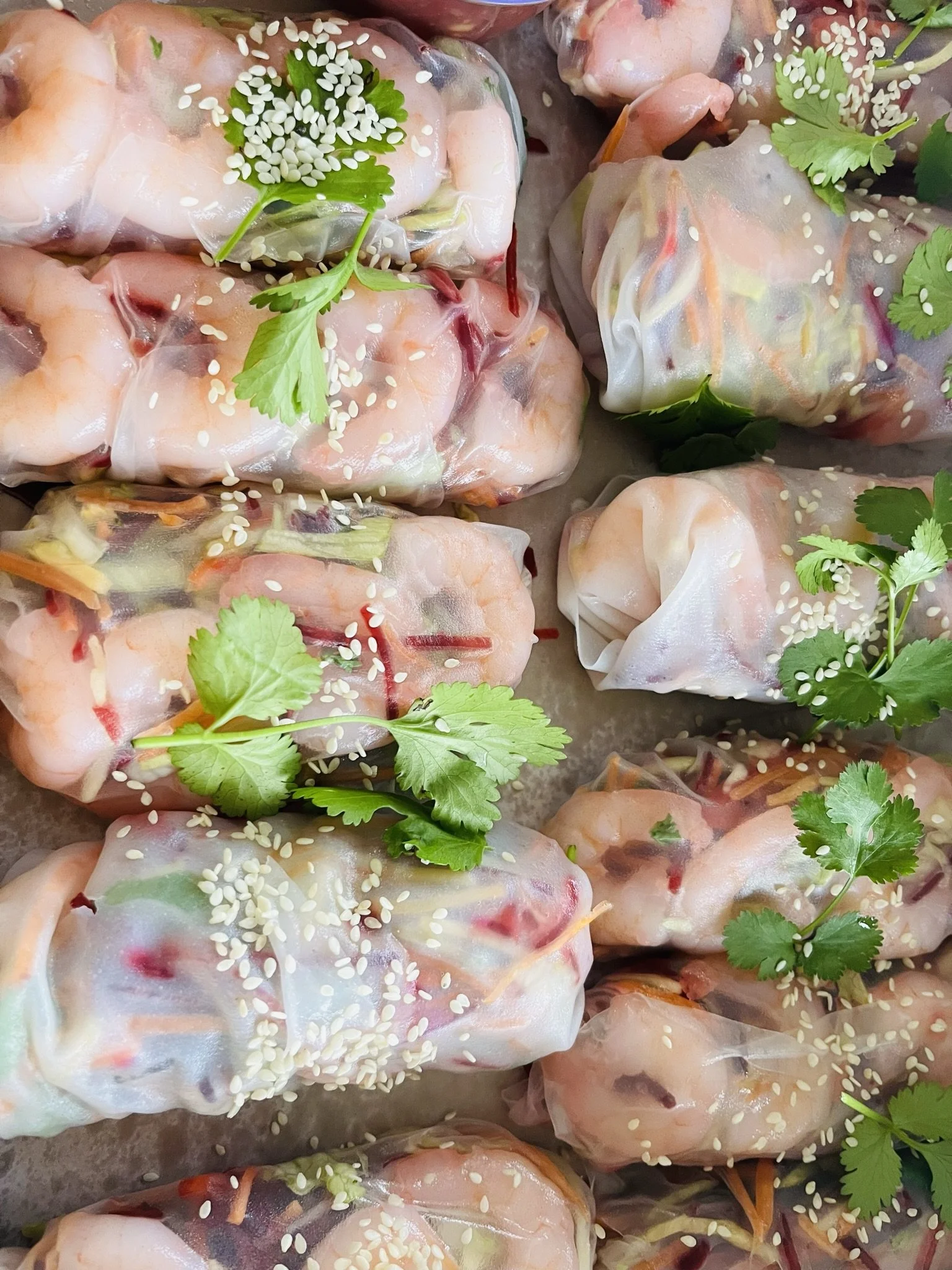 Fresh Vietnamese spring rolls garnished with cilantro and sprinkled with sesame seeds.