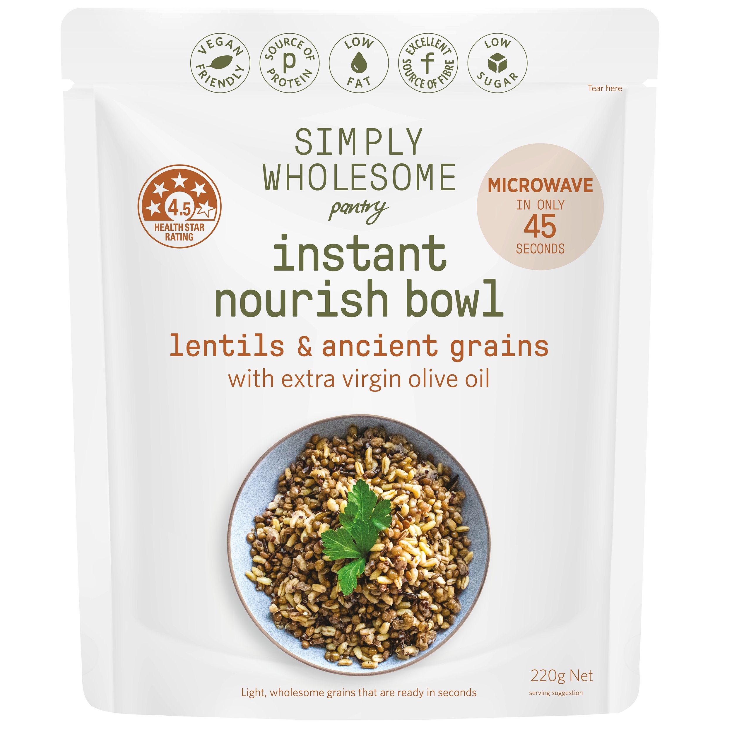 Simply Wholesome Pantry Instant Nourish Bowl Lentils & Ancient Grains package, vegan-friendly, 220g.