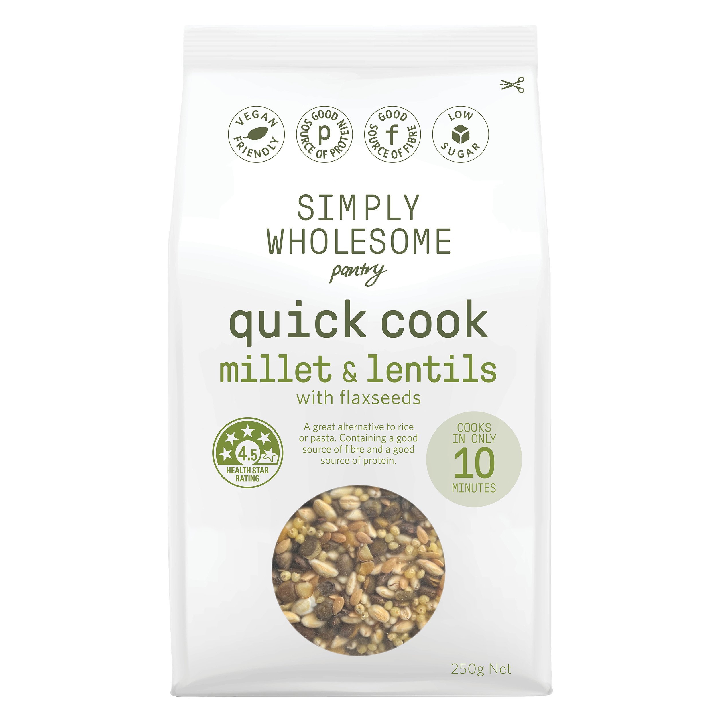 Simply Wholesome Pantry quick cook millet and lentils with flaxseeds package; vegan, low sugar, 4.5 health star rating; cooks in 10 minutes; 250g net weight.