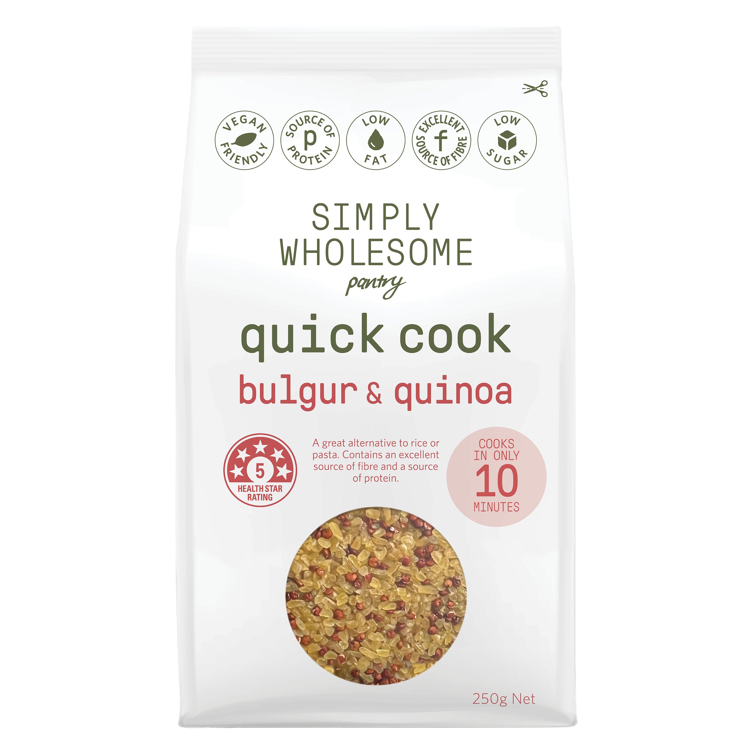 Package of Simply Wholesome quick cook bulgur and quinoa with vegan friendly, protein source, low fat, high fiber, and low sugar icons.