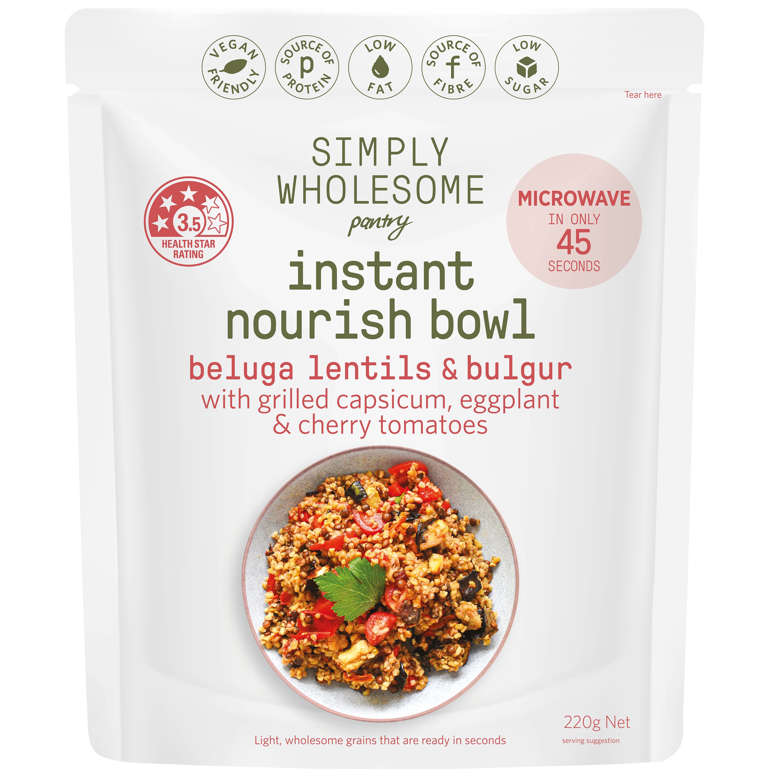 Package of Simply Wholesome's instant nourish bowl featuring beluga lentils and bulgur with grilled capsicum, eggplant, and cherry tomatoes. Vegan, source of protein, low fat, source of fiber, low sugar. Microwave in 45 seconds.