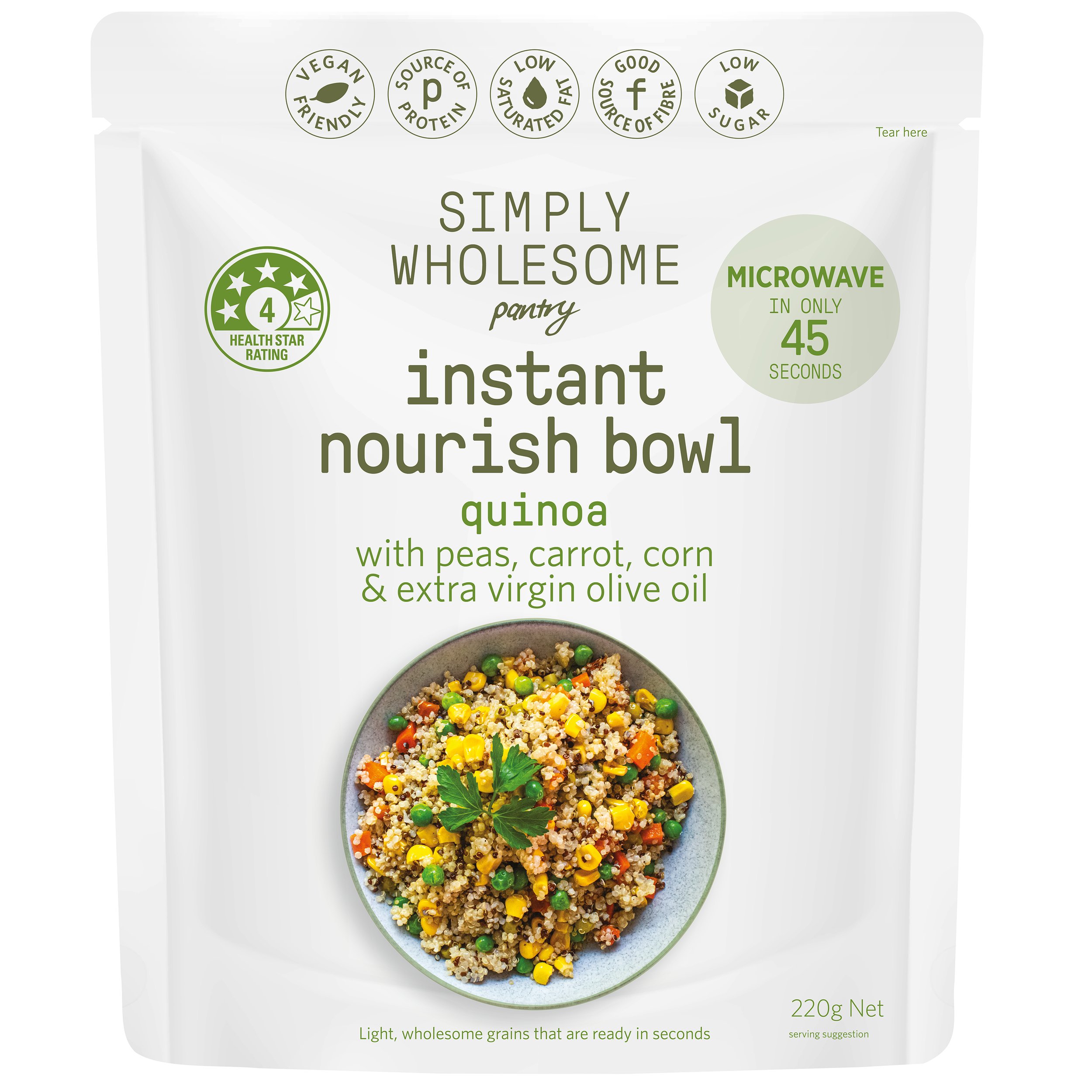 Simply Wholesome Pantry Instant Nourish Bowl packaging with quinoa, peas, carrot, corn, and extra virgin olive oil.