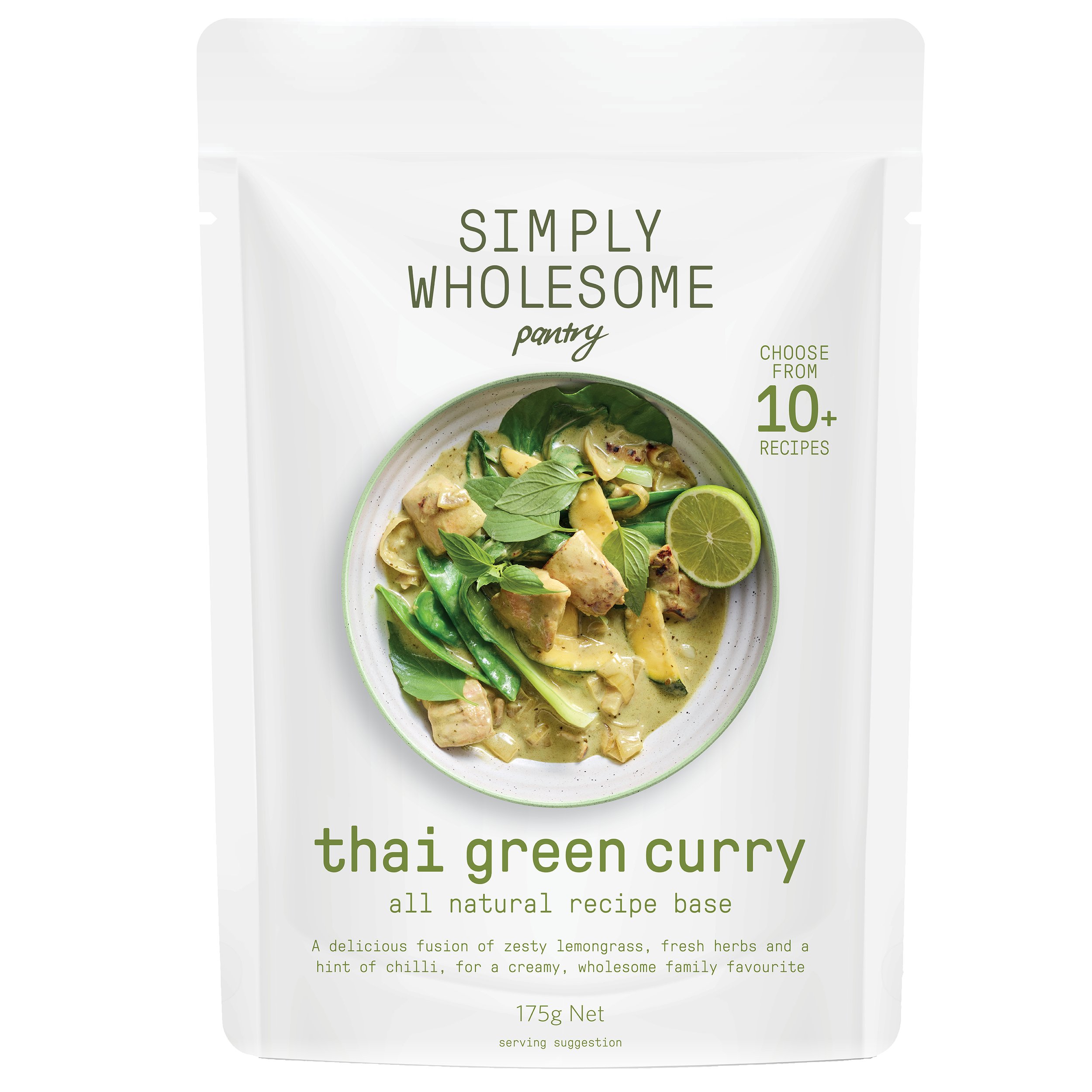 Simply Wholesome Pantry Thai Green Curry packaging, showing a bowl of green curry with vegetables and herbs. Labeled as an all-natural recipe base, 175g net.