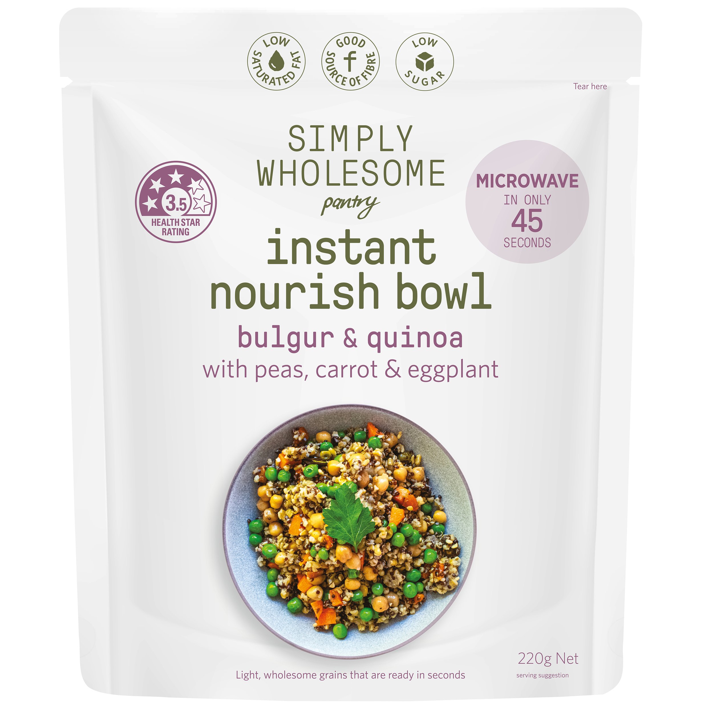 Packet of Simply Wholesome Pantry instant nourish bowl with bulgur, quinoa, peas, carrot, and eggplant.