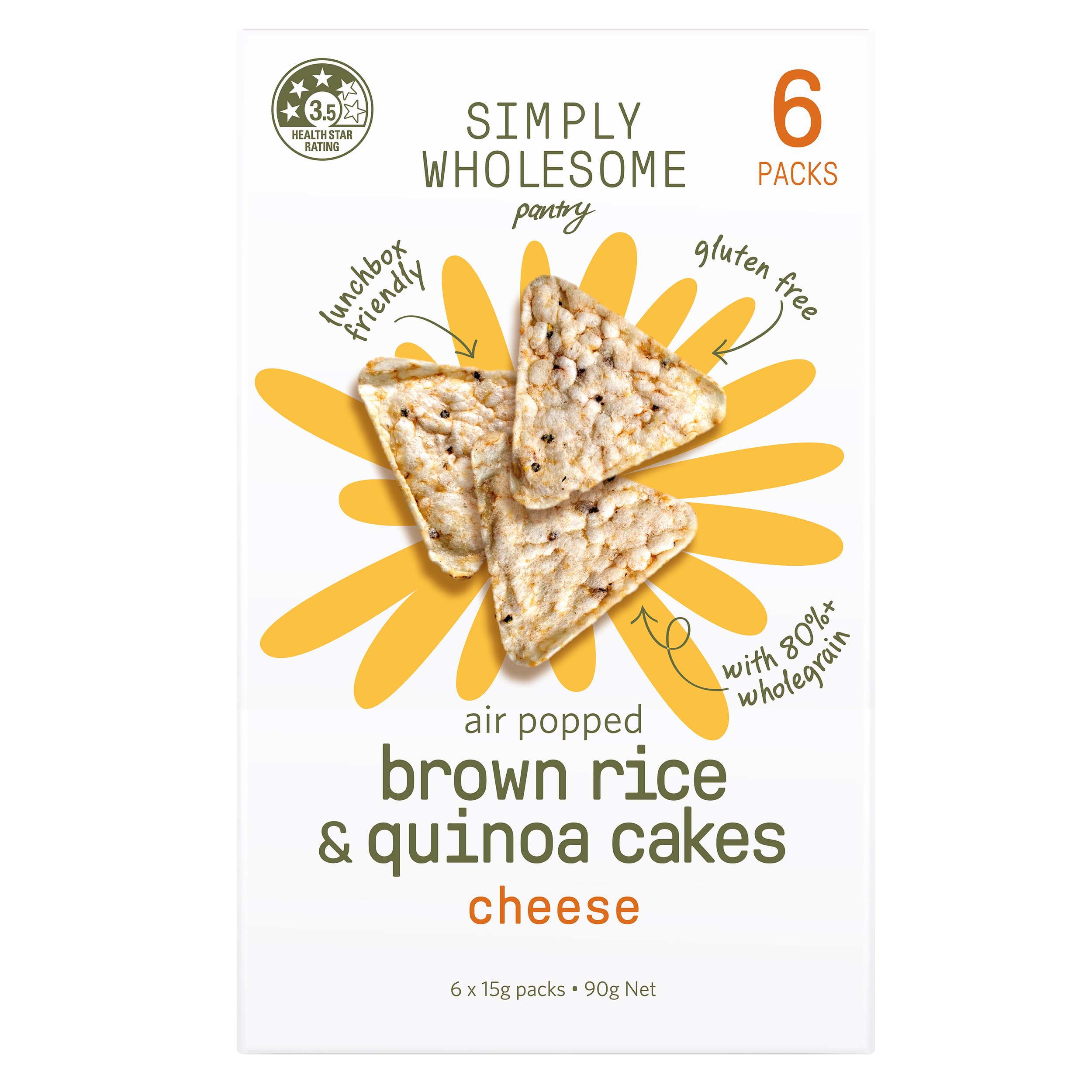 Packaging of Simply Wholesome air popped brown rice & quinoa cakes, cheese flavor, showing three triangular cakes with health and product features.