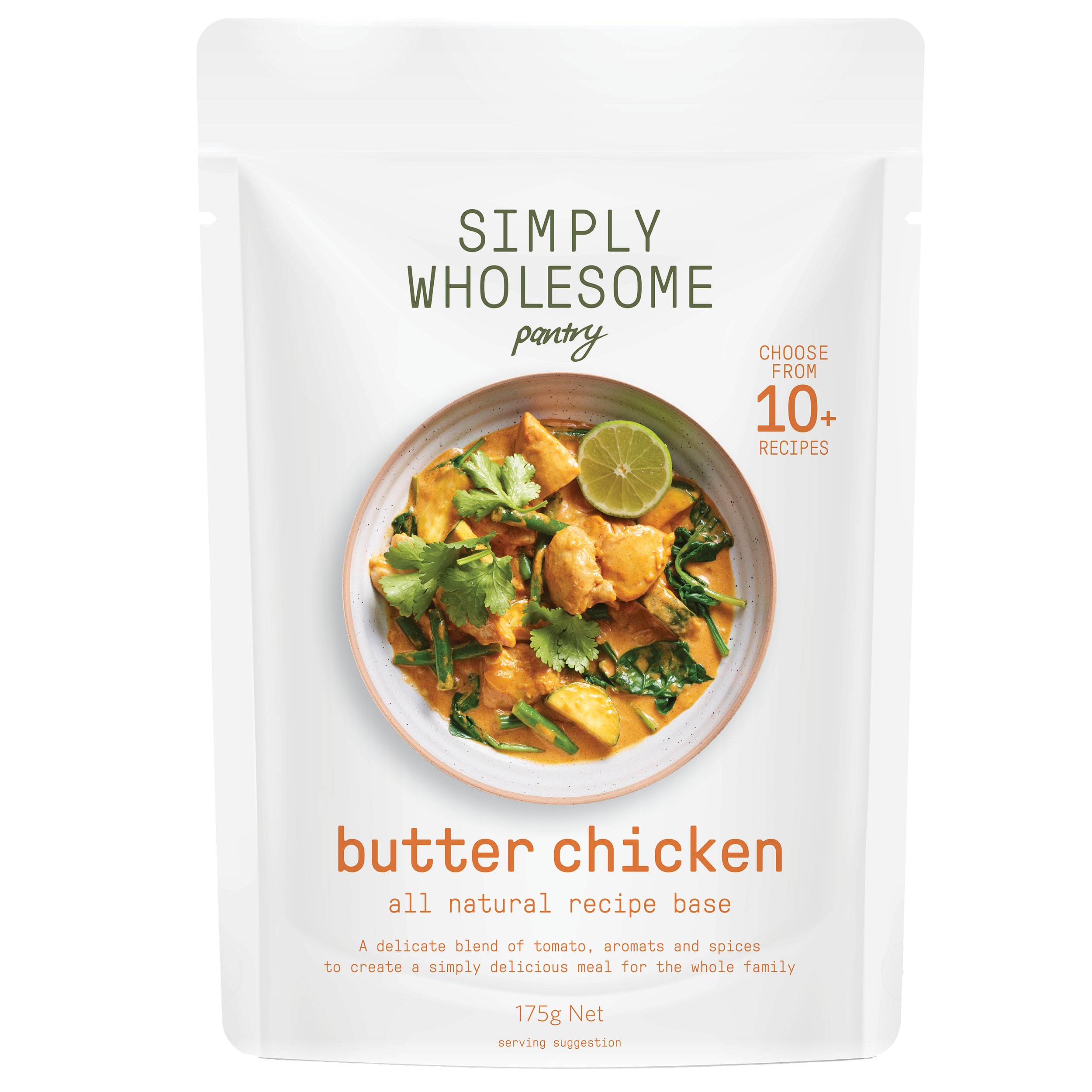 Packet of Simply Wholesome Pantry Butter Chicken all natural recipe base with an image of a dish featuring chicken pieces, sauce, greens, and a lime slice.
