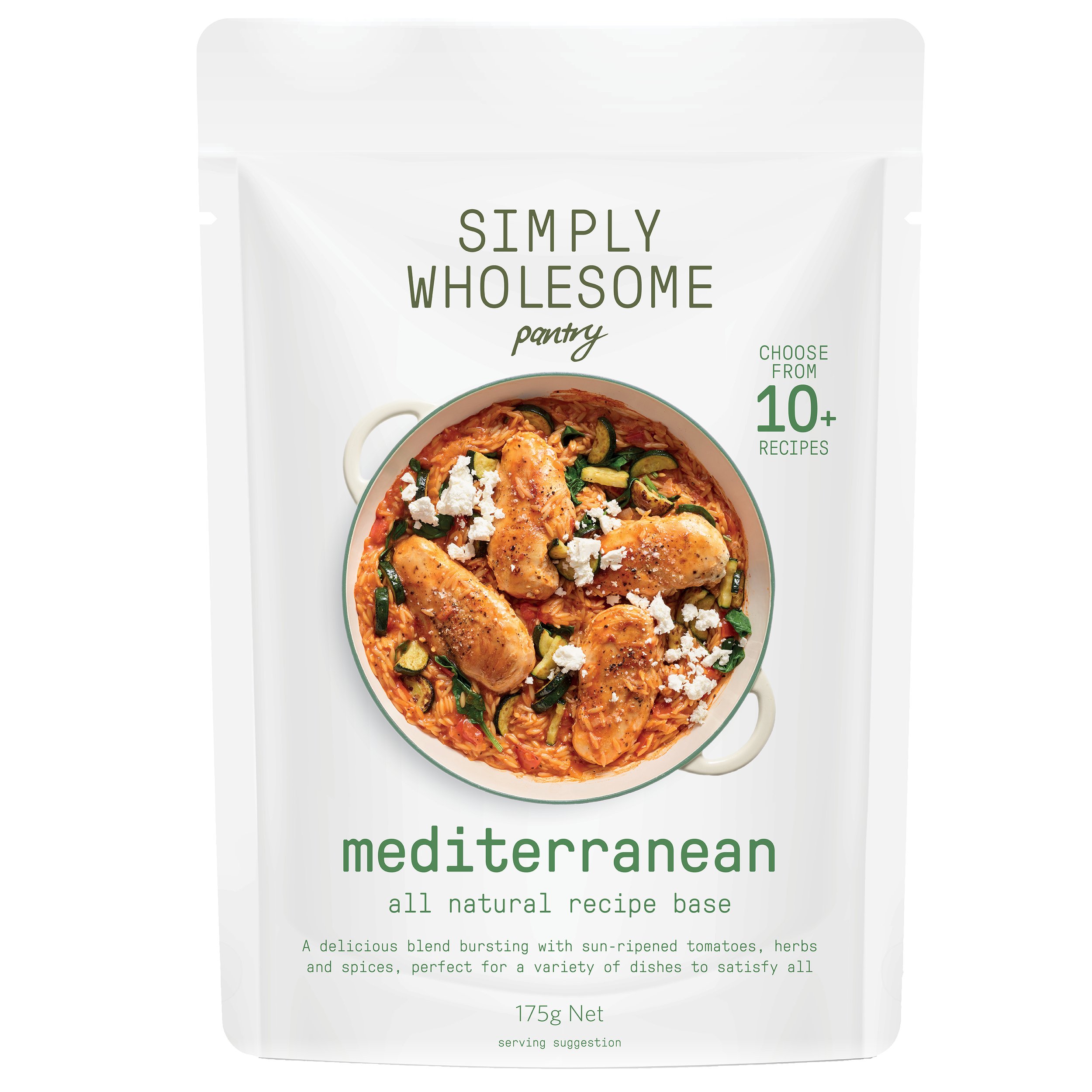 Simply Wholesome Mediterranean recipe base package, featuring an image of a dish with chicken, veggies, and feta cheese.