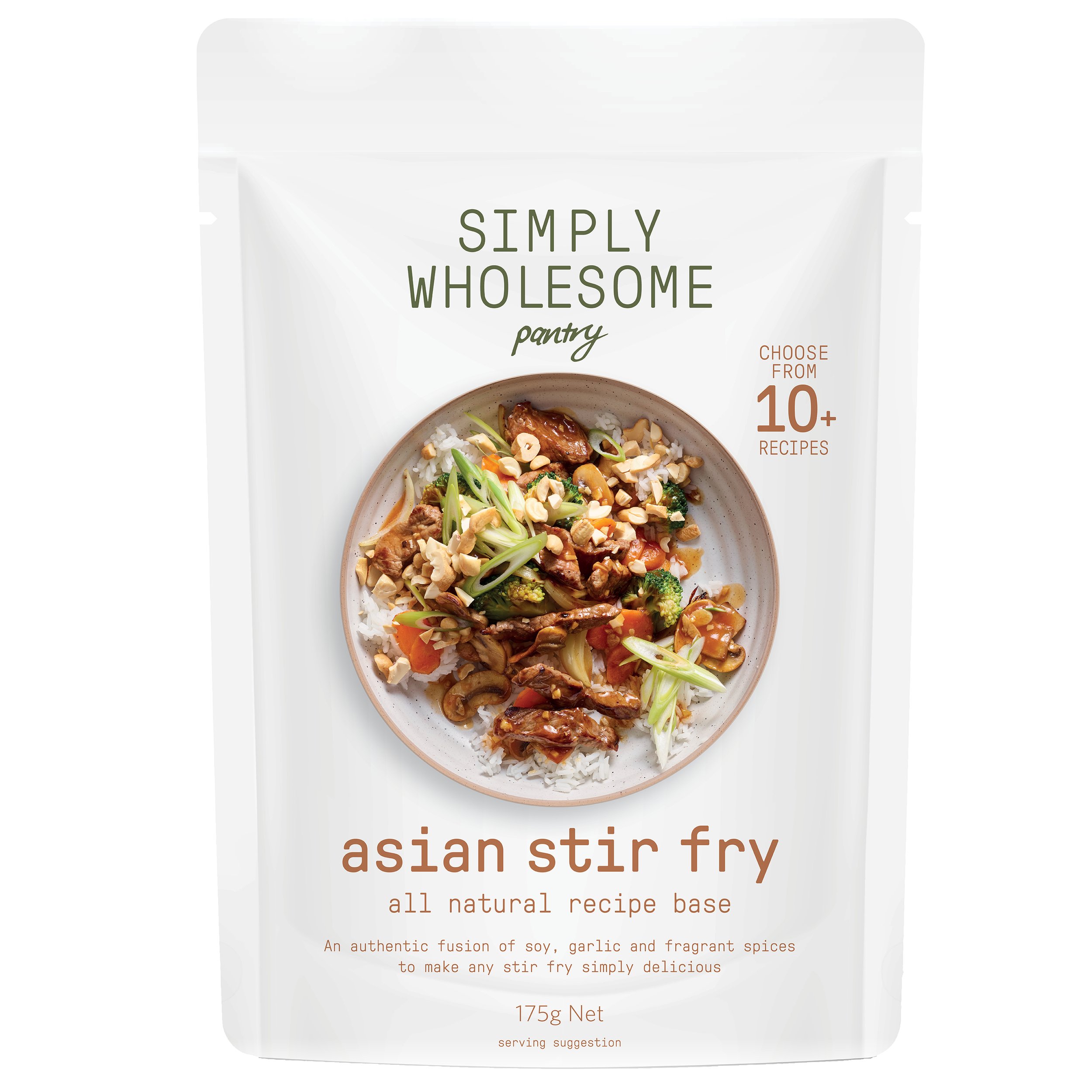 Packaging for Simply Wholesome Pantry Asian stir fry recipe base, showing a dish with vegetables, rice, and sauce.