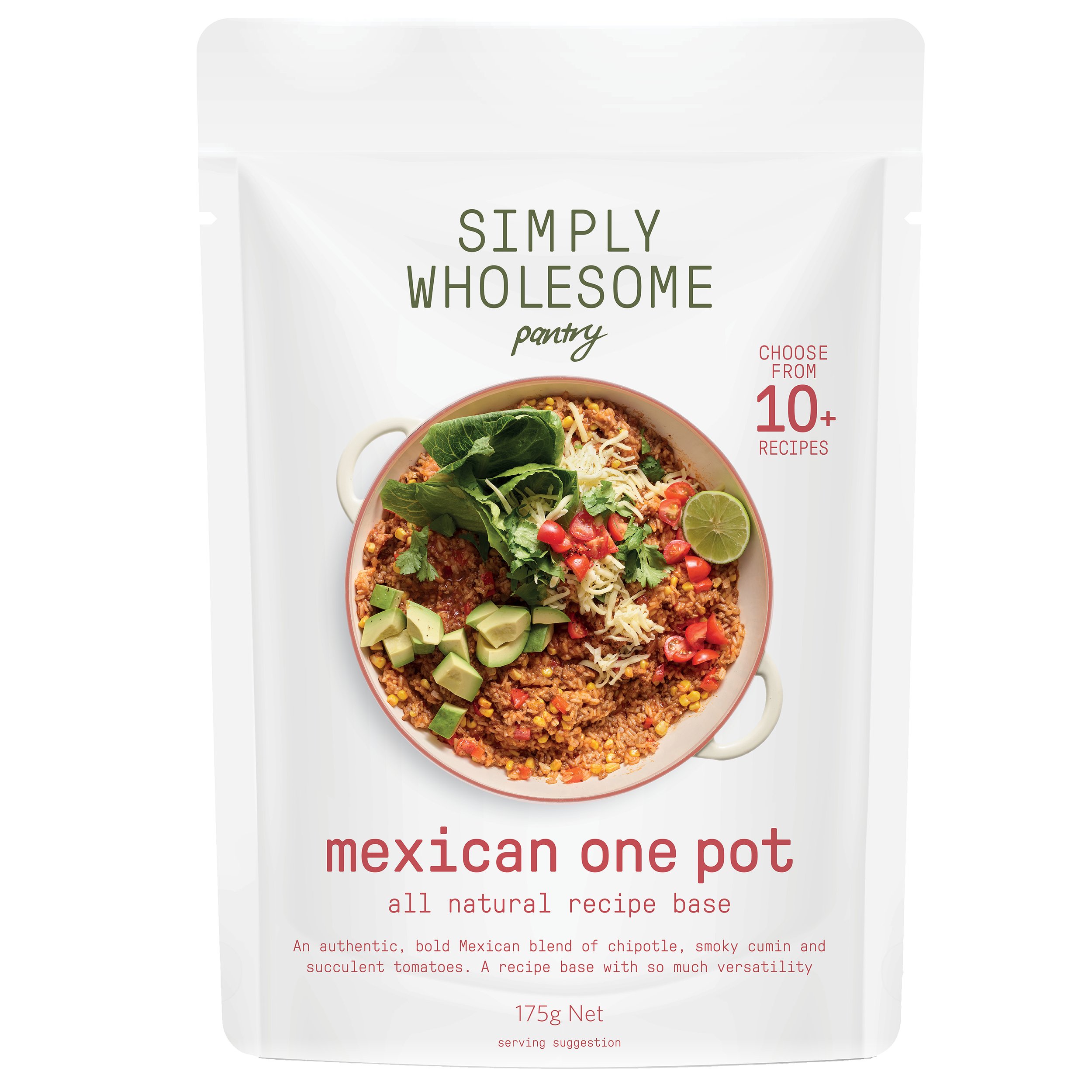 Packaging for Simply Wholesome Pantry Mexican One Pot recipe base, featuring an image of a dish with rice, avocado, lime, and greens.