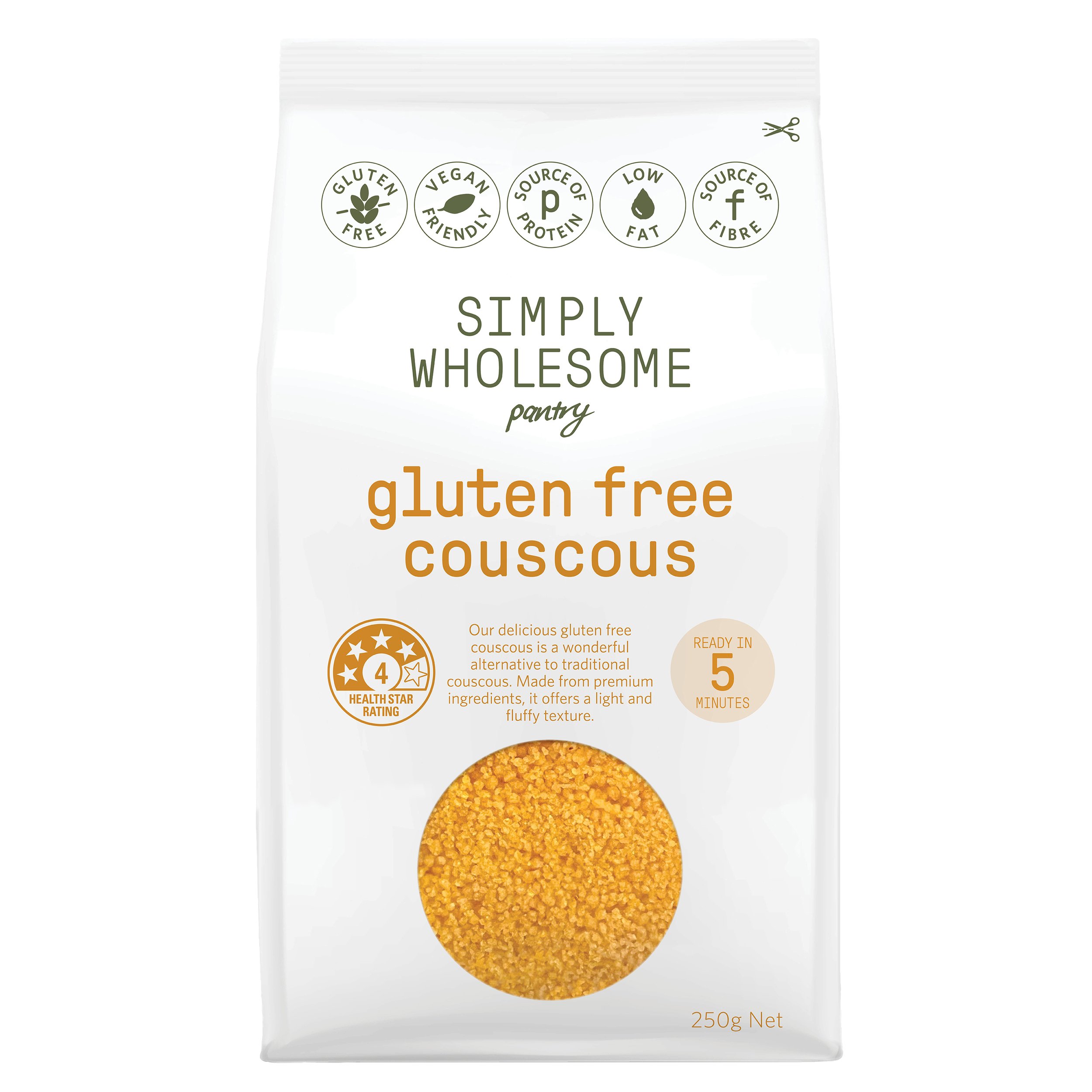 Simply Wholesome gluten-free couscous package, 250g, labeled vegan, low fat, high in protein and fiber, ready in 5 minutes.
