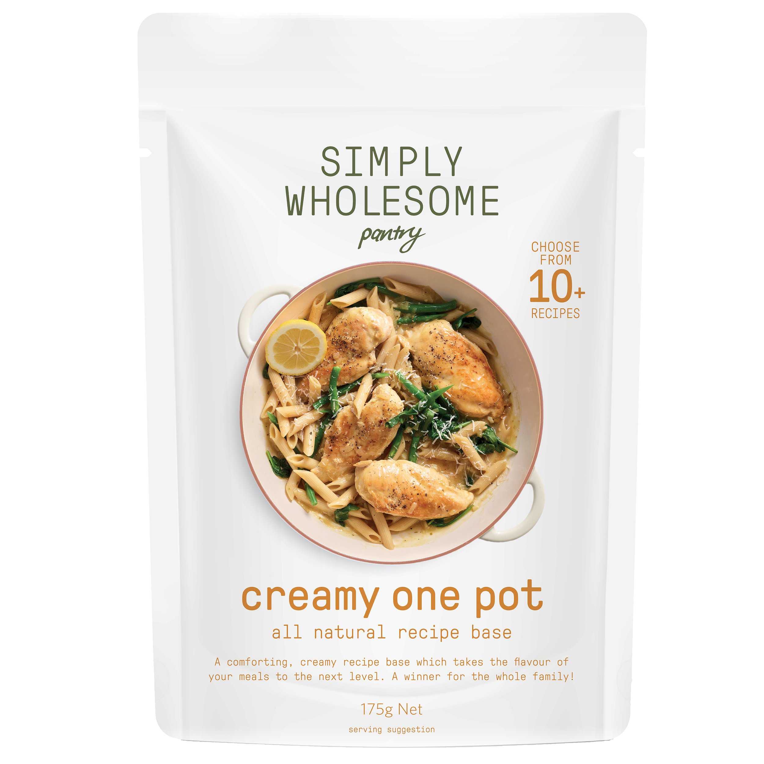 Packaging of Simply Wholesome Pantry creamy one pot all-natural recipe base, featuring a dish with chicken, pasta, green beans, and lemon slice.