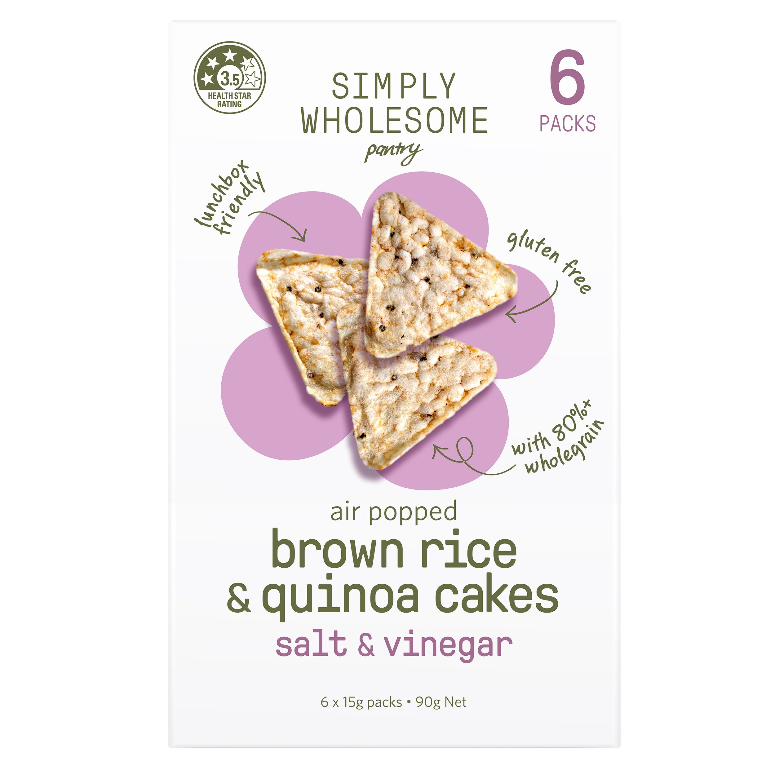 Simply Wholesome salt and vinegar brown rice and quinoa cakes packaging featuring triangular air popped cakes. Gluten-free, lunchbox friendly, with 80%+ wholegrain. Contains 6 packs, 3.5-star health rating.