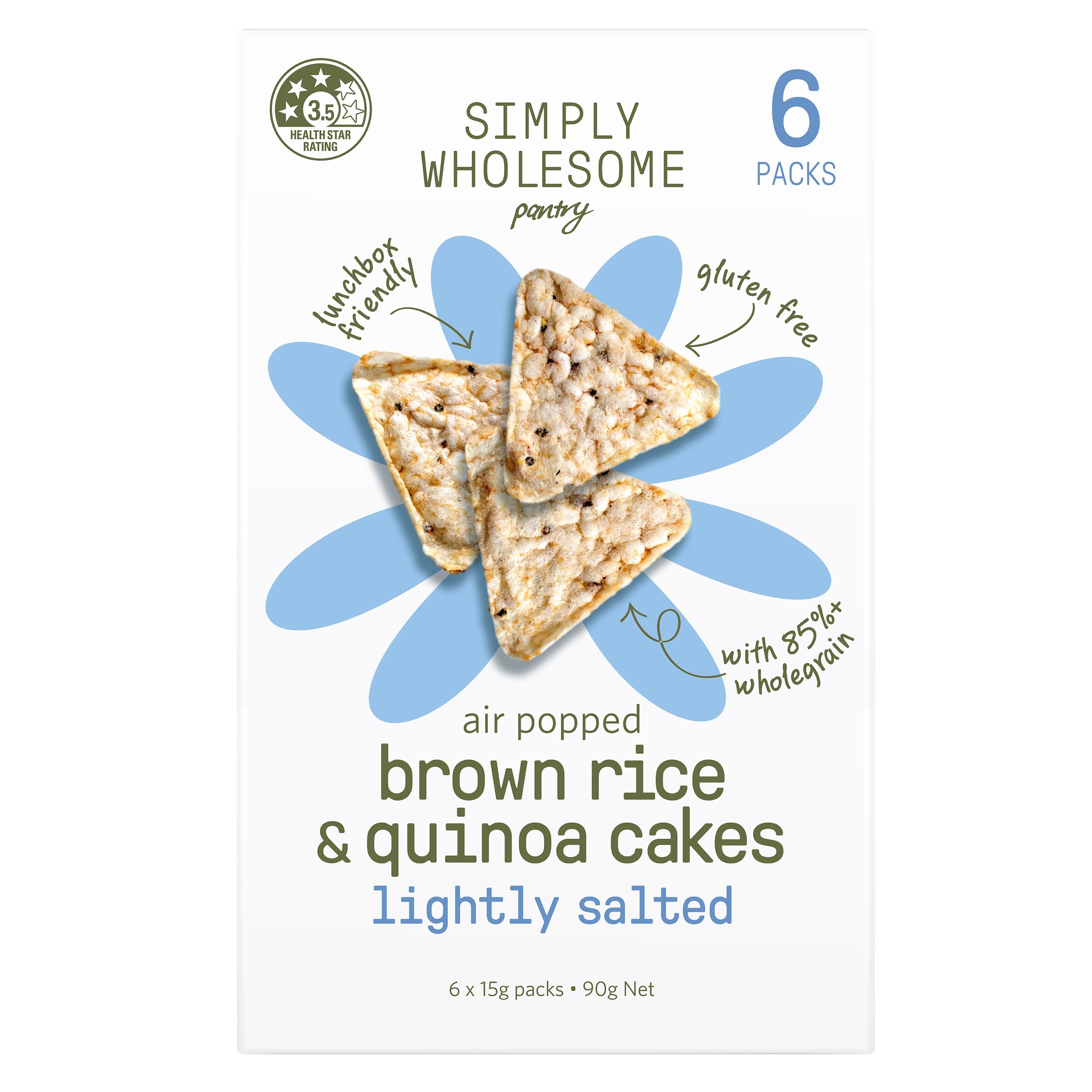 Box of Simply Wholesome air popped brown rice and quinoa cakes, lightly salted, 6 packs, gluten free.