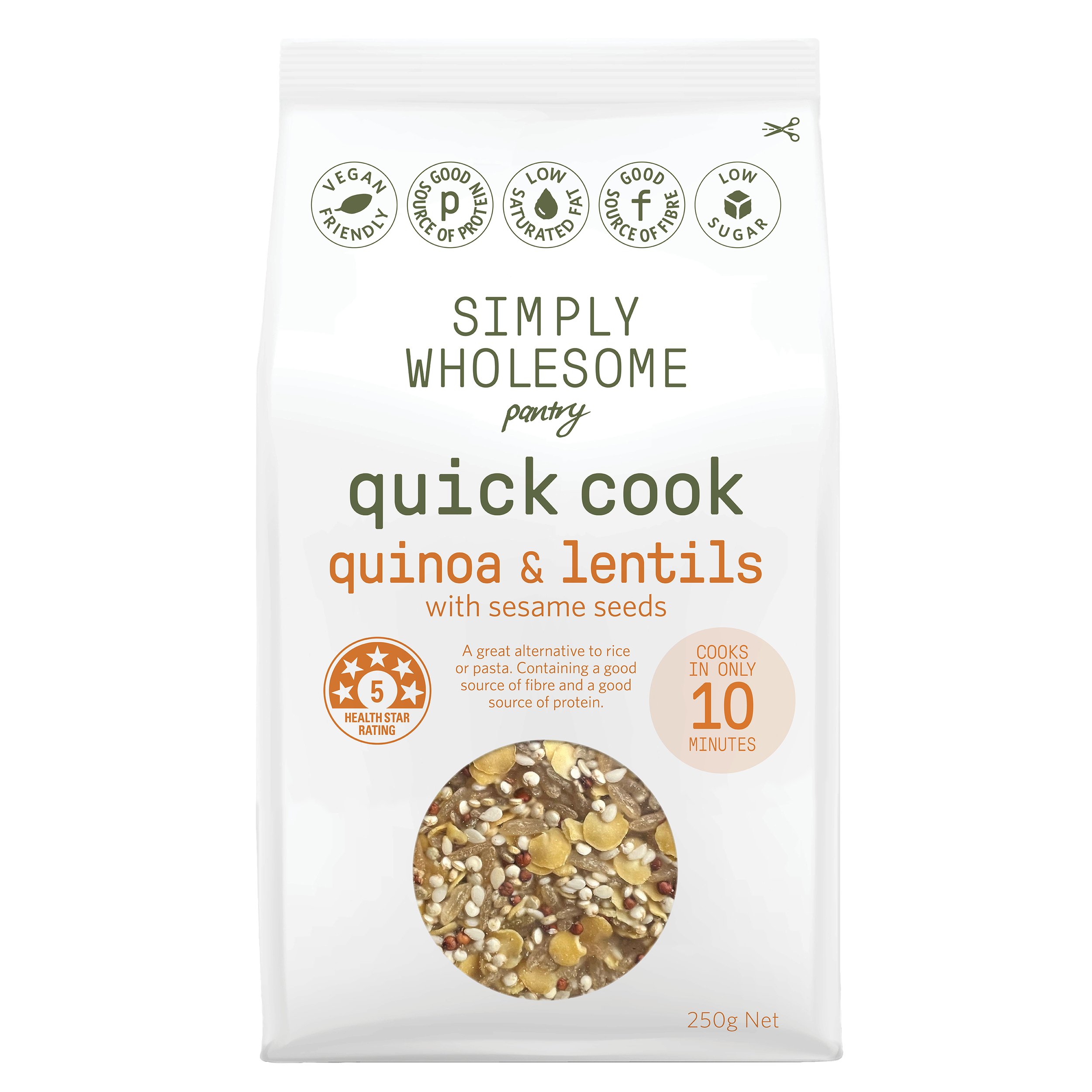 Simply Wholesome Pantry Quick Cook Quinoa & Lentils with Sesame Seeds, 250g pack, labeled as vegan-friendly, low saturated fat, good source of fiber, low sugar. Cooks in 10 minutes.