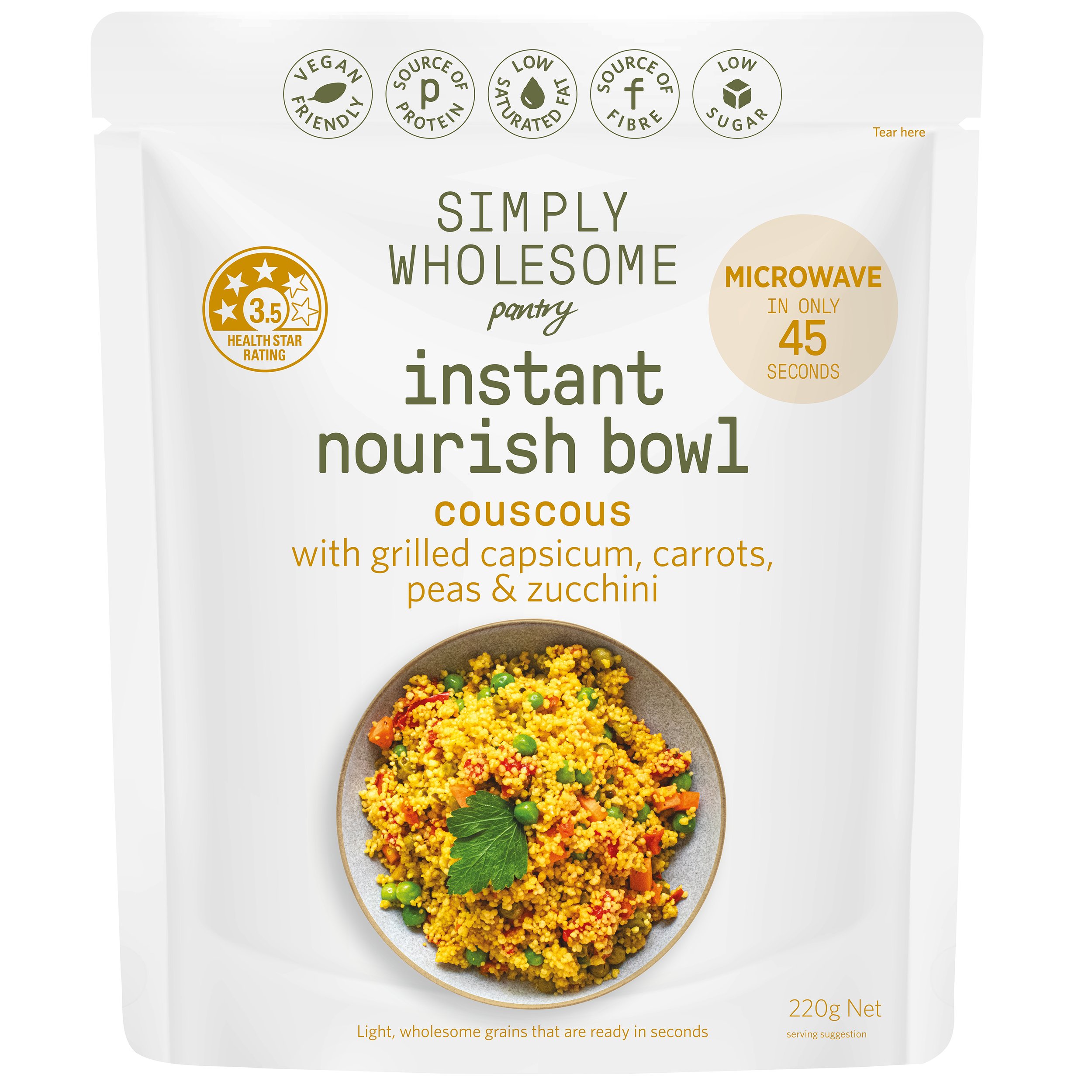 Packaging of Simply Wholesome Pantry Instant Nourish Bowl with couscous, grilled capsicum, carrots, peas, and zucchini. Features vegan-friendly, high in fiber and protein attributes, and 3.5 health star rating.
