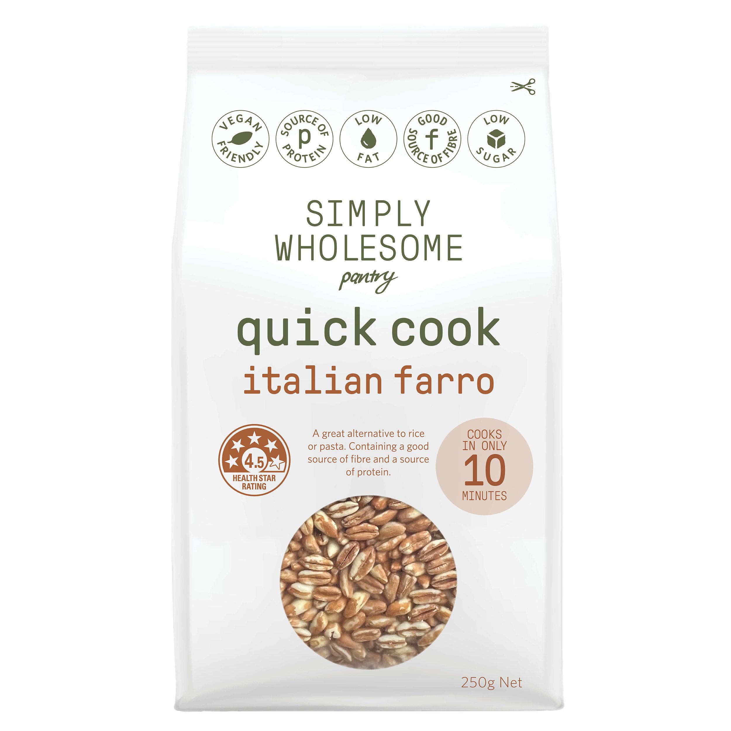 Simply Wholesome Pantry Quick Cook Italian Farro package displaying vegan-friendly, low fat, and low sugar icons. The package highlights it cooks in 10 minutes and contains 250g net weight.