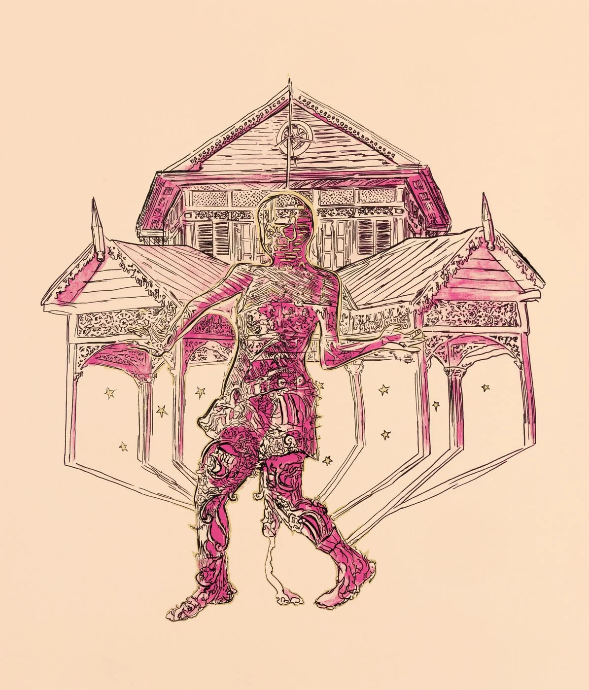  Kings & Queens 5 
 2025 
 Screenprint with catalysed and vinyl inks and 23 carat gold leaf on 410gsm Somerset Tub Sized Satin paper 
 Paper and Image: 76.1 x 64.8 cm - 30 x 25 1/2 in 
 Edition of 25 
 Published by Cristea Roberts Gallery 