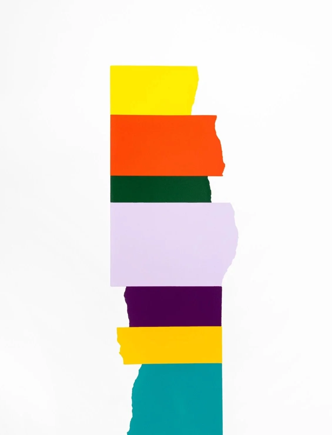 Abstract art featuring four torn paper pieces in yellow, red, light blue, and black colors stacked vertically against a white background.