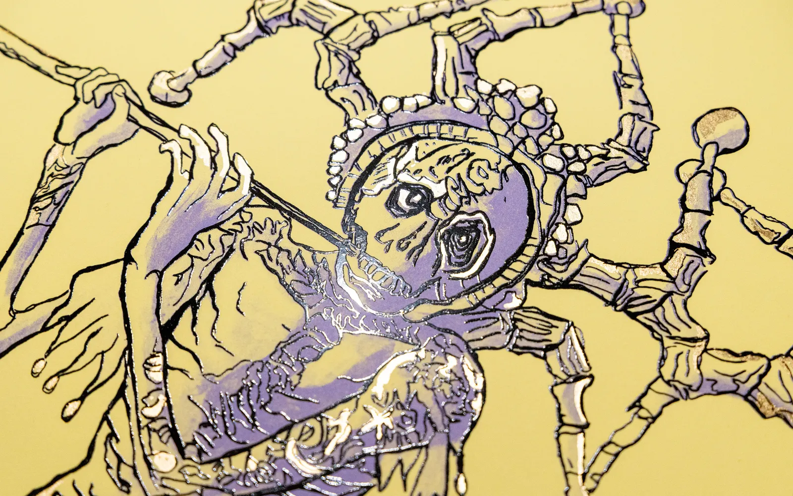 Detailed up-close shot of Hew Locke; Kings & Queens 4, 2025. Screenprint with catalysed and vinyl inks and 23 carat gold leaf on 410gsm Somerset Tub Sized Satin paper