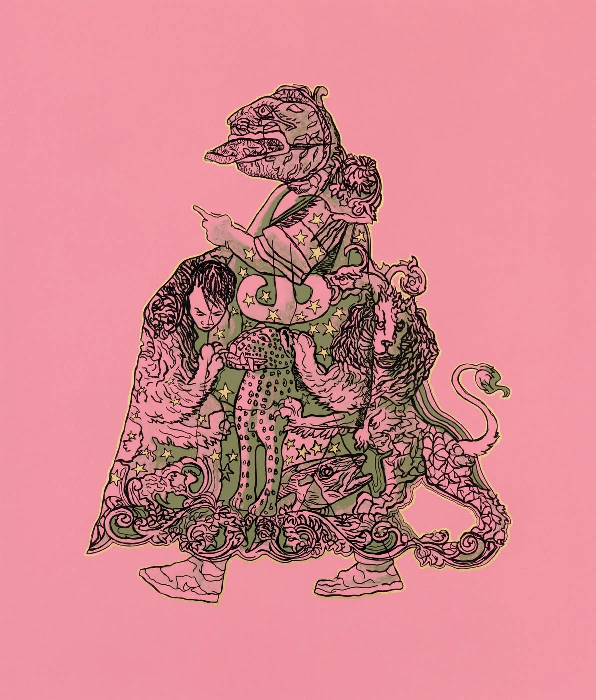  Kings & Queens 2 
 2025 
 Screenprint with catalysed and vinyl inks and 23 carat gold leaf on 410gsm Somerset Tub Sized Satin paper 
 Paper and Image: 76.1 x 64.8 cm - 30 x 25 1/2 in 
 Edition of 25 
 Published by Cristea Roberts Gallery 