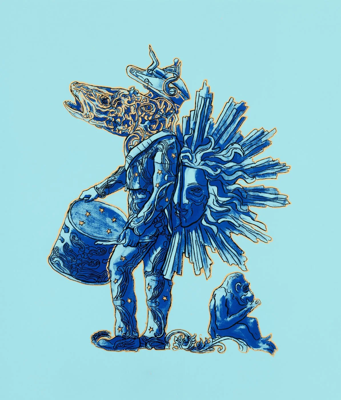  Kings & Queens 3 
 2025 
 Screenprint with catalysed and vinyl inks and 23 carat gold leaf on 410gsm Somerset Tub Sized Satin paper 
 Paper and Image: 76.1 x 64.8 cm - 30 x 25 1/2 in 
 Edition of 25 
 Published by Cristea Roberts Gallery 