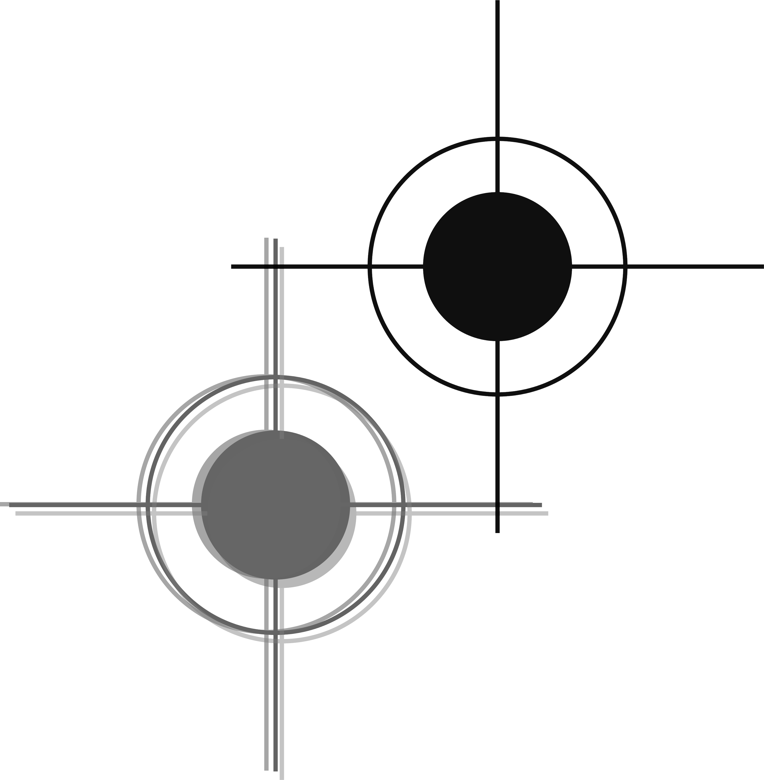 Abstract black, white, and gray geometric art with circles, lines, and rectangles.
