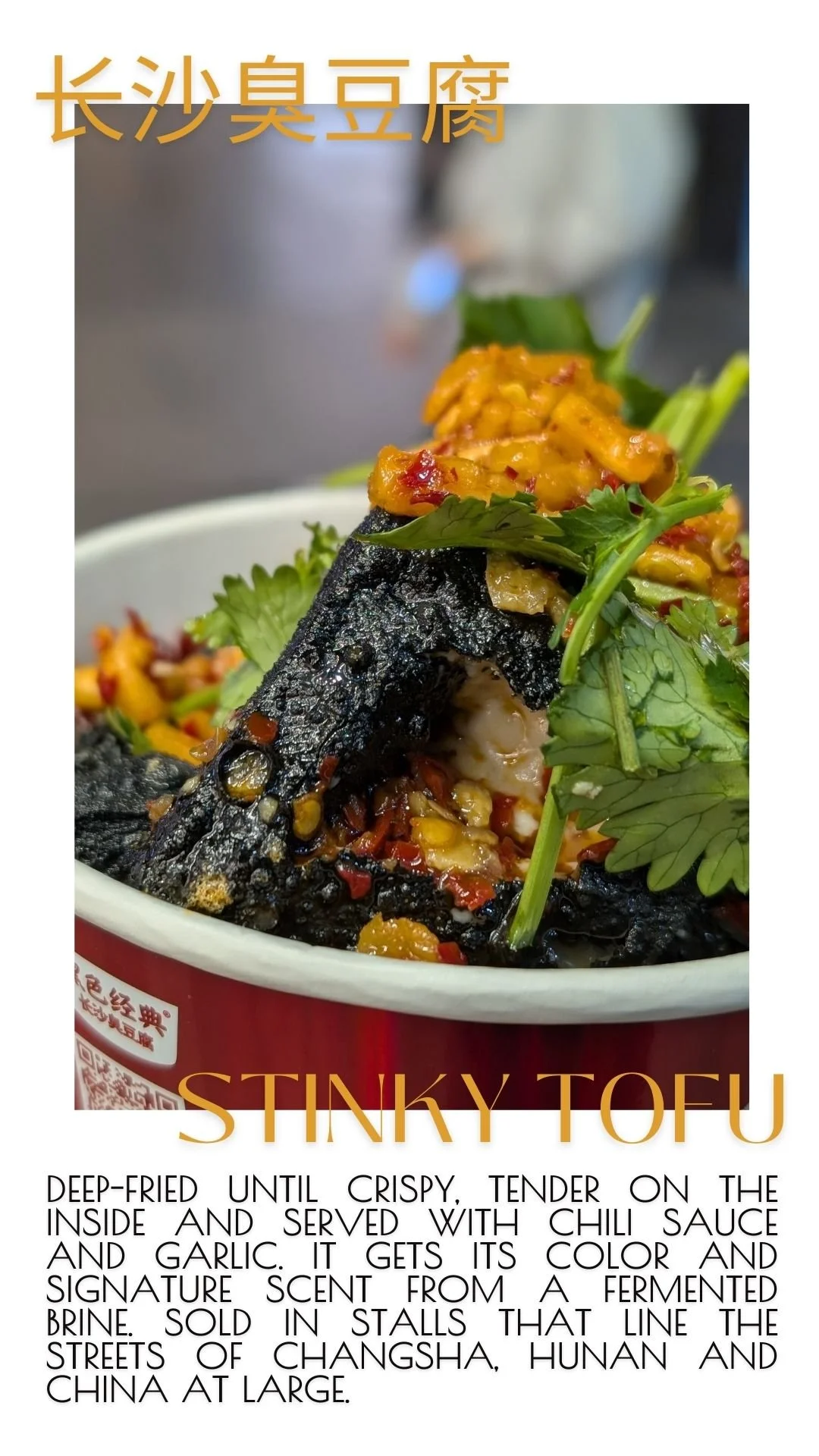 Spicy stinky tofu in Changsha (长沙臭豆腐). Deep-fried until crispy, tender on the inside and served with chili sauce and garlic. It gets its colour and signature scent from the brine it's fermented in, which could include mushrooms, amaranth stalks and a
