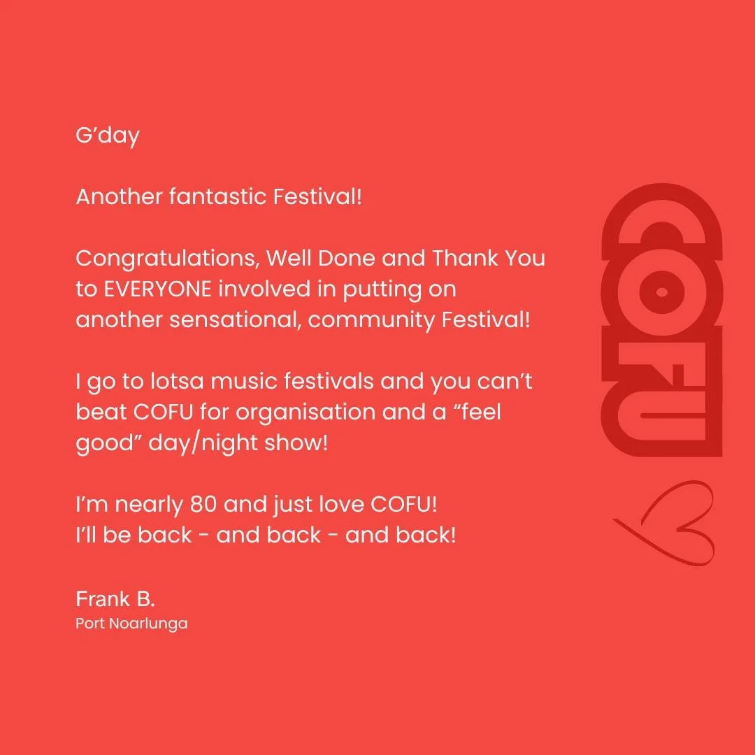 At 12:44am on Sunday morning, this landed in our inbox&hellip; ☝

Frank&hellip; this is exactly what COFU is all about ❤️

From first-timers to festival legends, from the young to the young-at-heart &mdash; this community is what makes COFU so specia