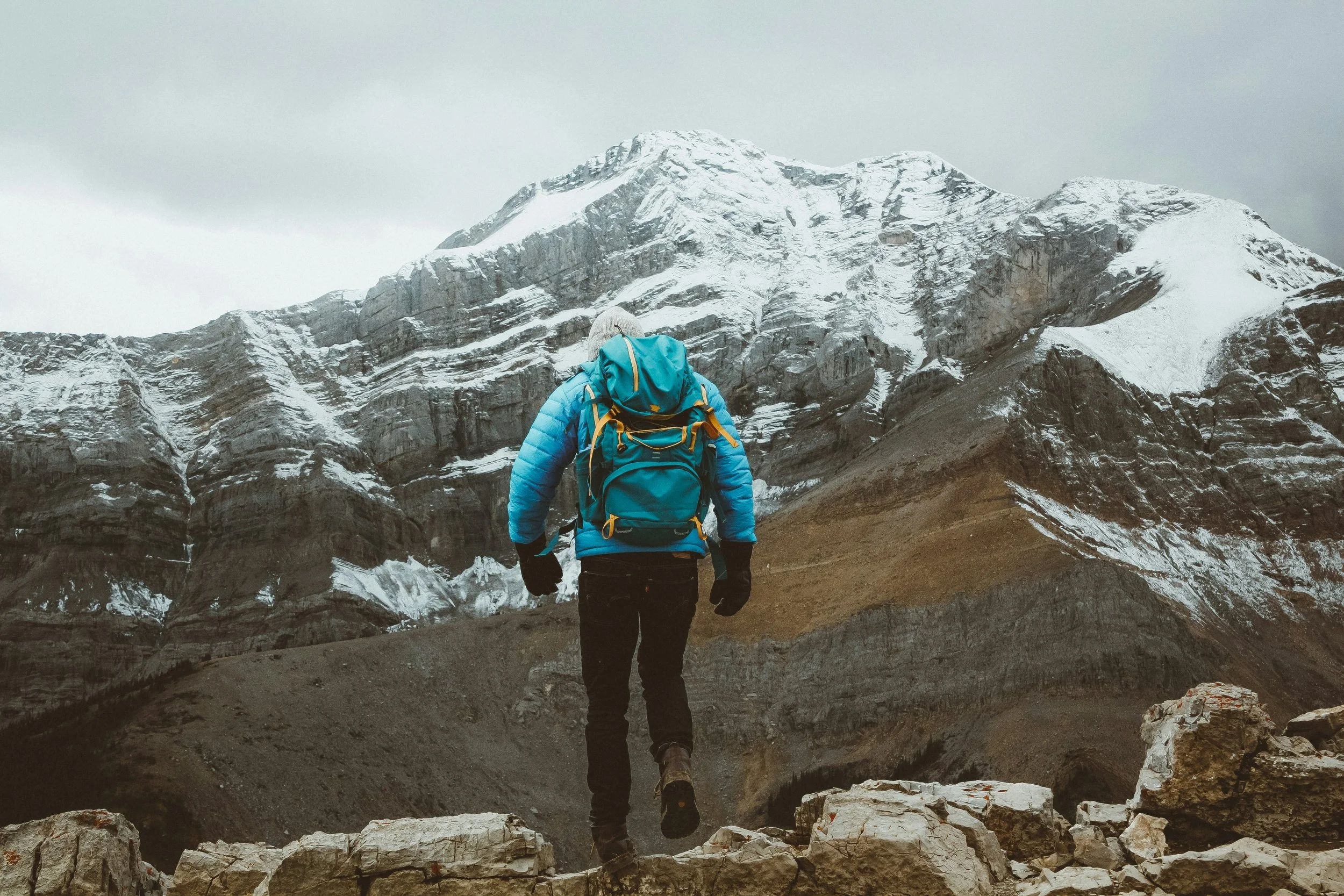 Person trekking in the Himalayan mountains. Snow leopard photography tour Ladakh