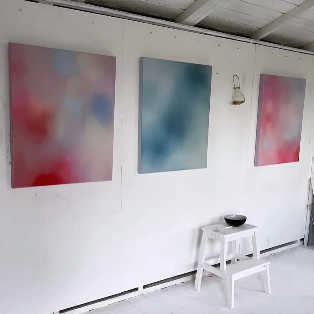 End of day studio view. Three works in progress. Can&rsquo;t wait to get back in there.
