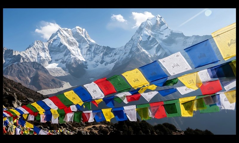 Himalayas mountain range with Buddhist prayer flags.